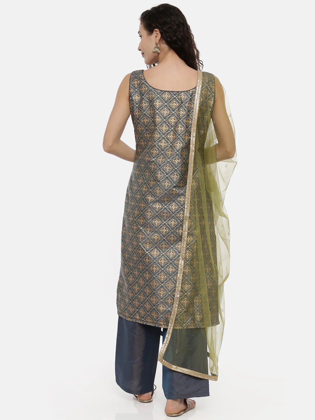 Neerus Teal Color Printed Fabric Suit-Pant - Image 3
