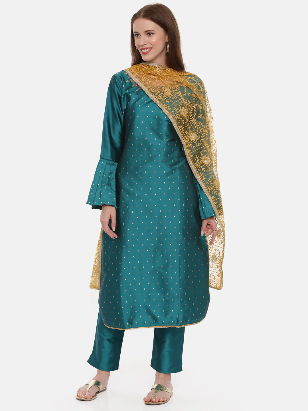 Neerus Teal Textured Kurta With Pant & Dupatta - Image 2