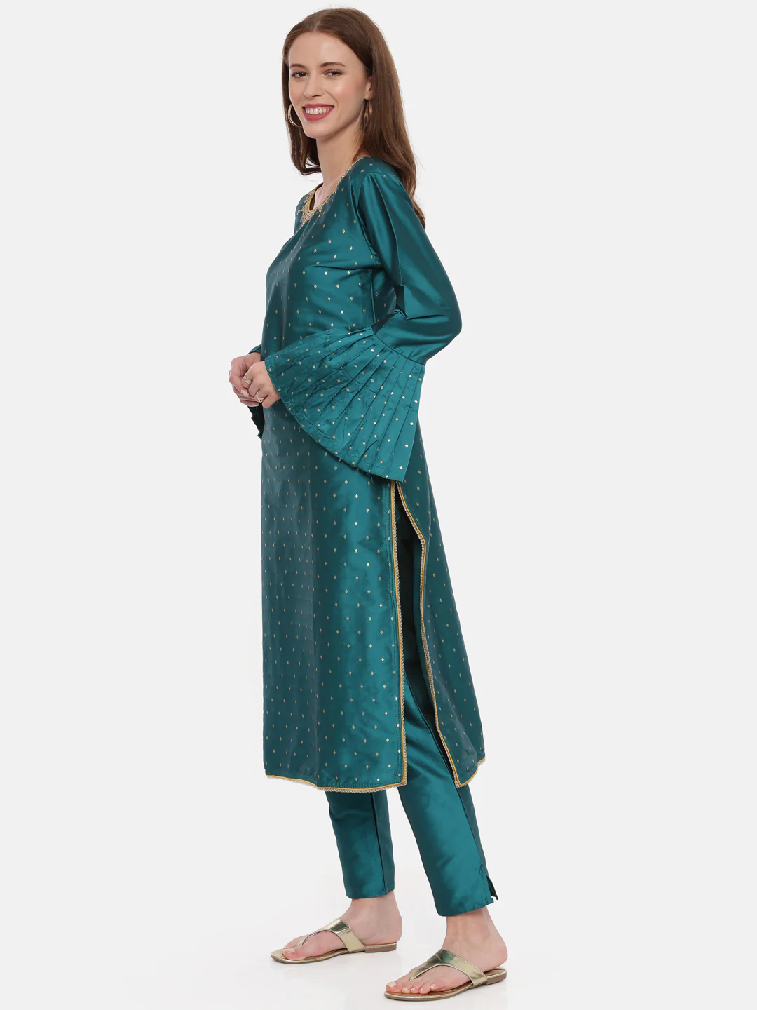 Neerus Teal Textured Kurta With Pant & Dupatta - Image 6