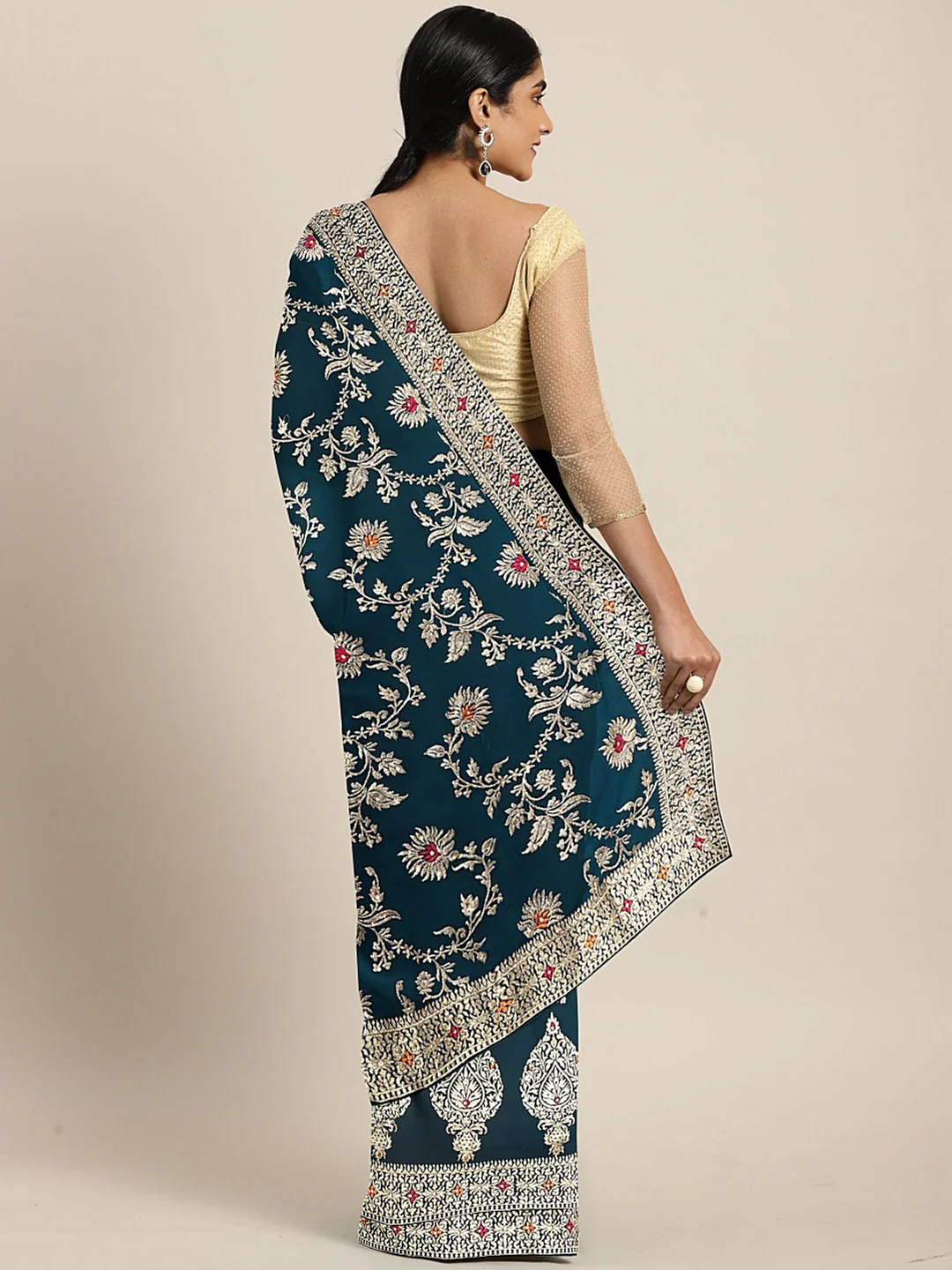 Neerus Teal Textured Saree With Blouse - Image 2