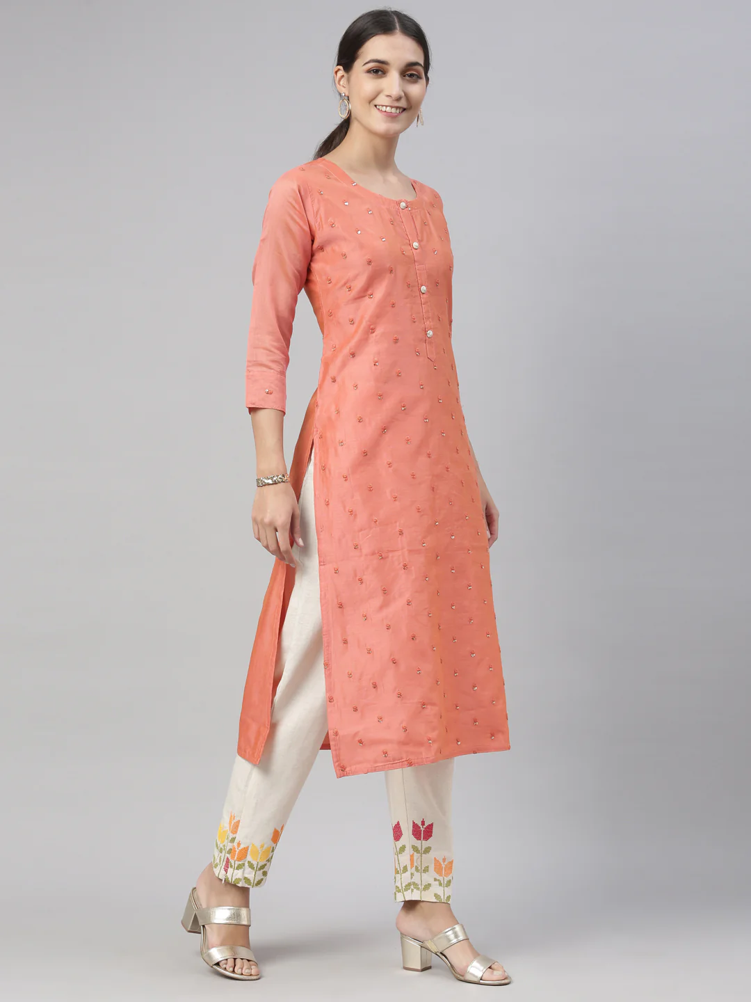 Neerus Tomato Color Chanderi Fabric Kurta Set - Image 3