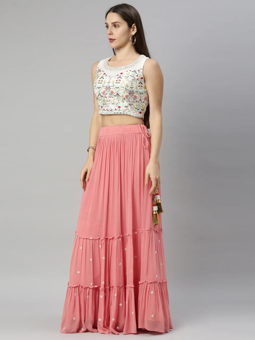 Neerus Tomato Color Georgette Fabric Ghagra Set - Image 2