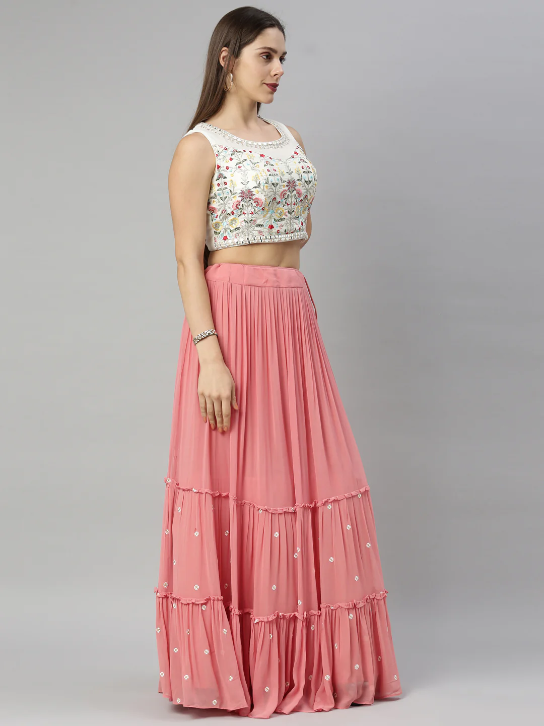 Neerus Tomato Color Georgette Fabric Ghagra Set - Image 3