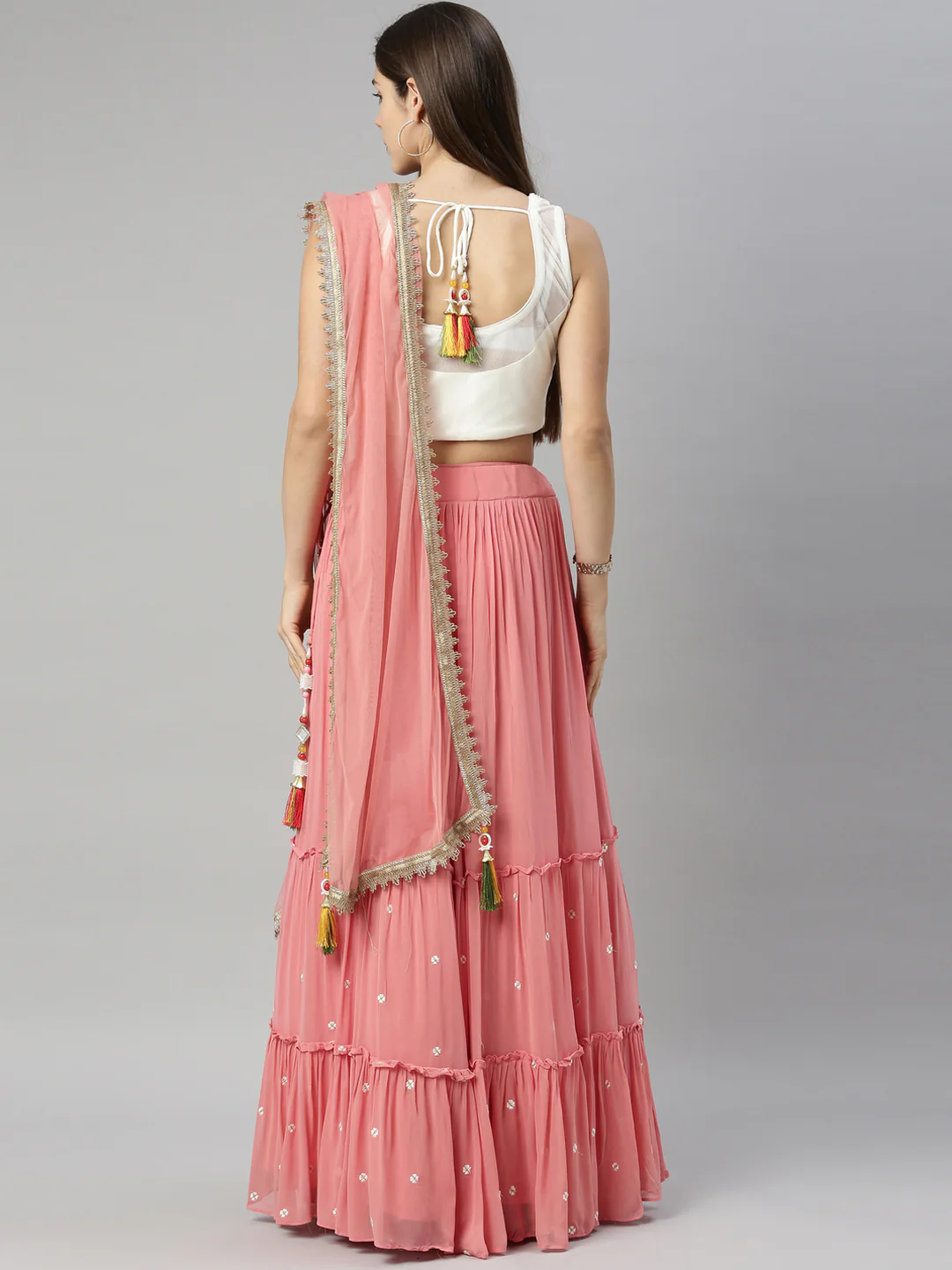 Neerus Tomato Color Georgette Fabric Ghagra Set - Image 4