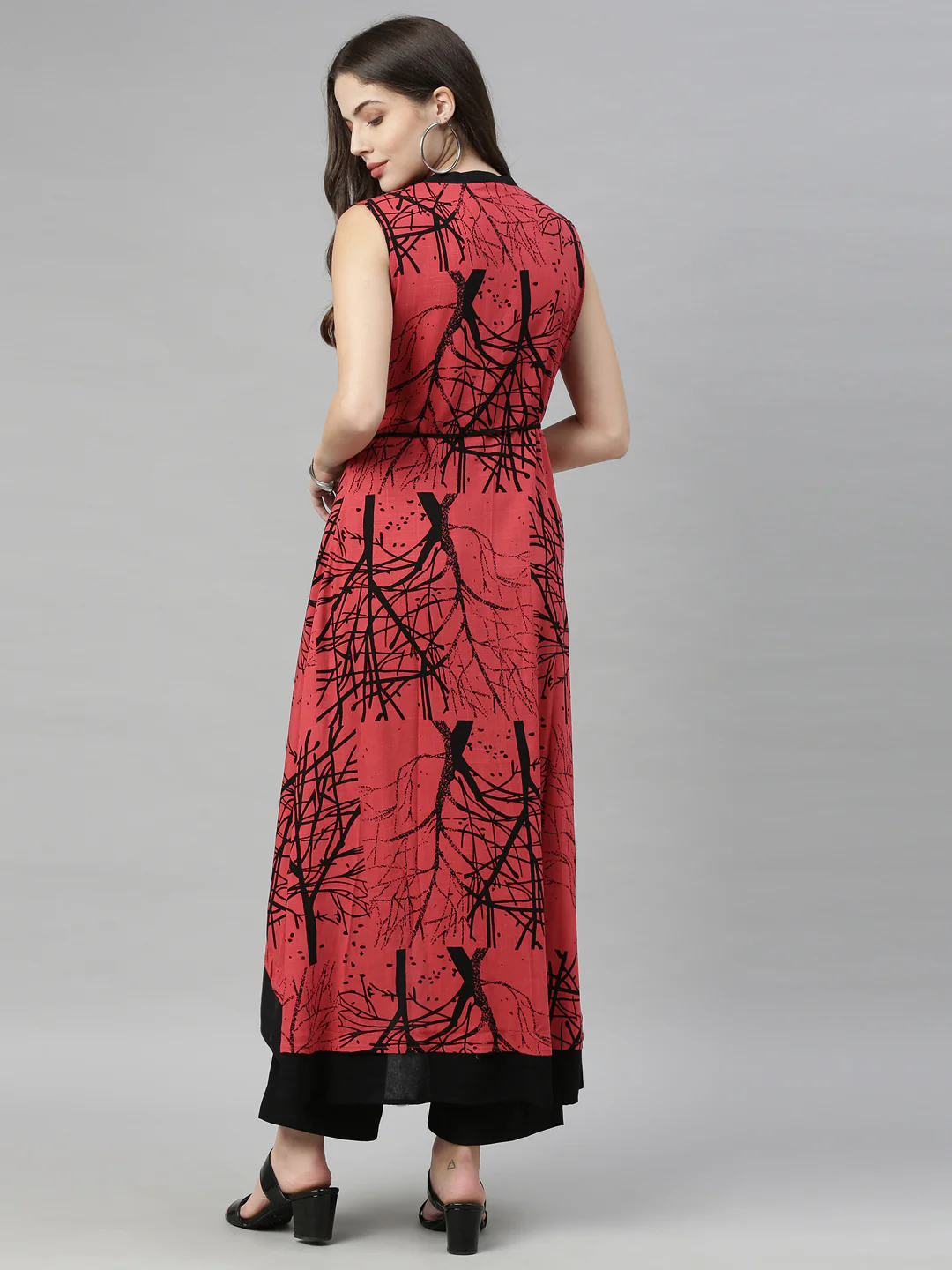 Neerus Tomato Color Slub Rayon Fabric Tunic - Image 4
