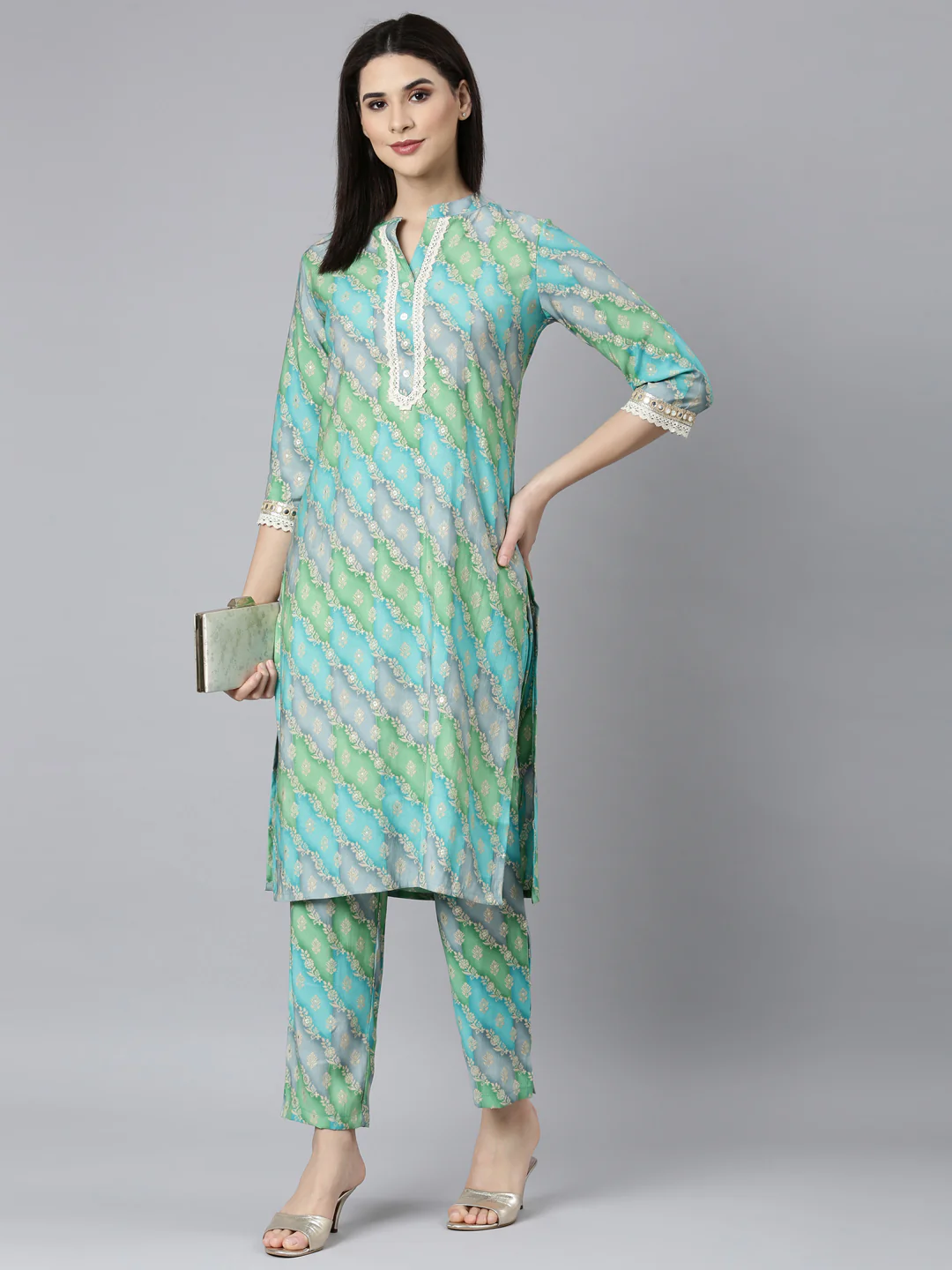 Neerus Turquoise Blue Regular Straight Floral Kurta And Trousers - Image 5