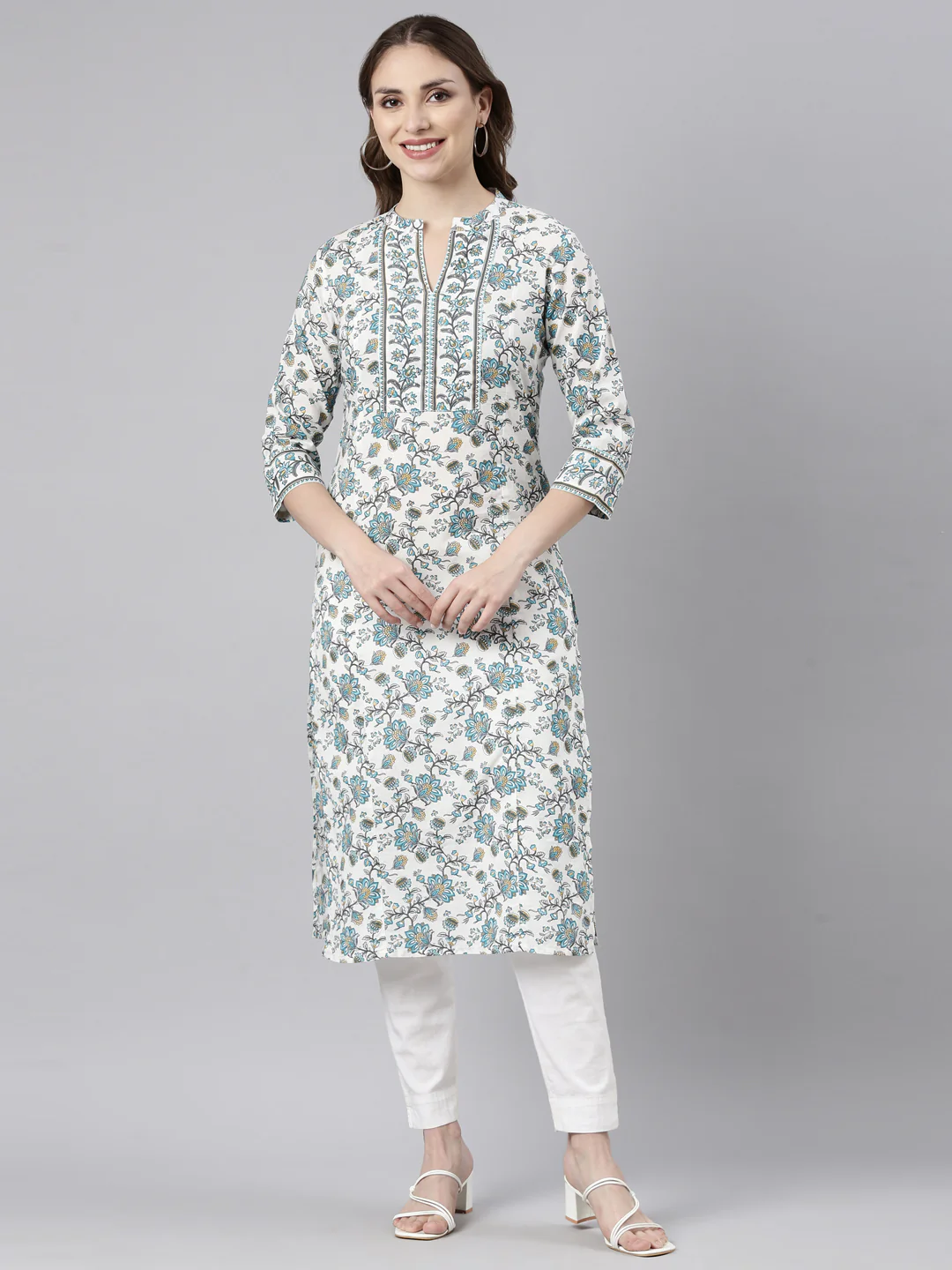 Neerus Turquoise Blue Regular Straight Floral Kurta
