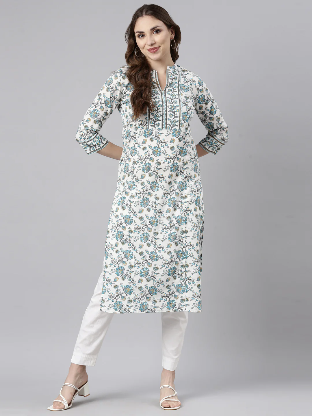 Neerus Turquoise Blue Regular Straight Floral Kurta - Image 4