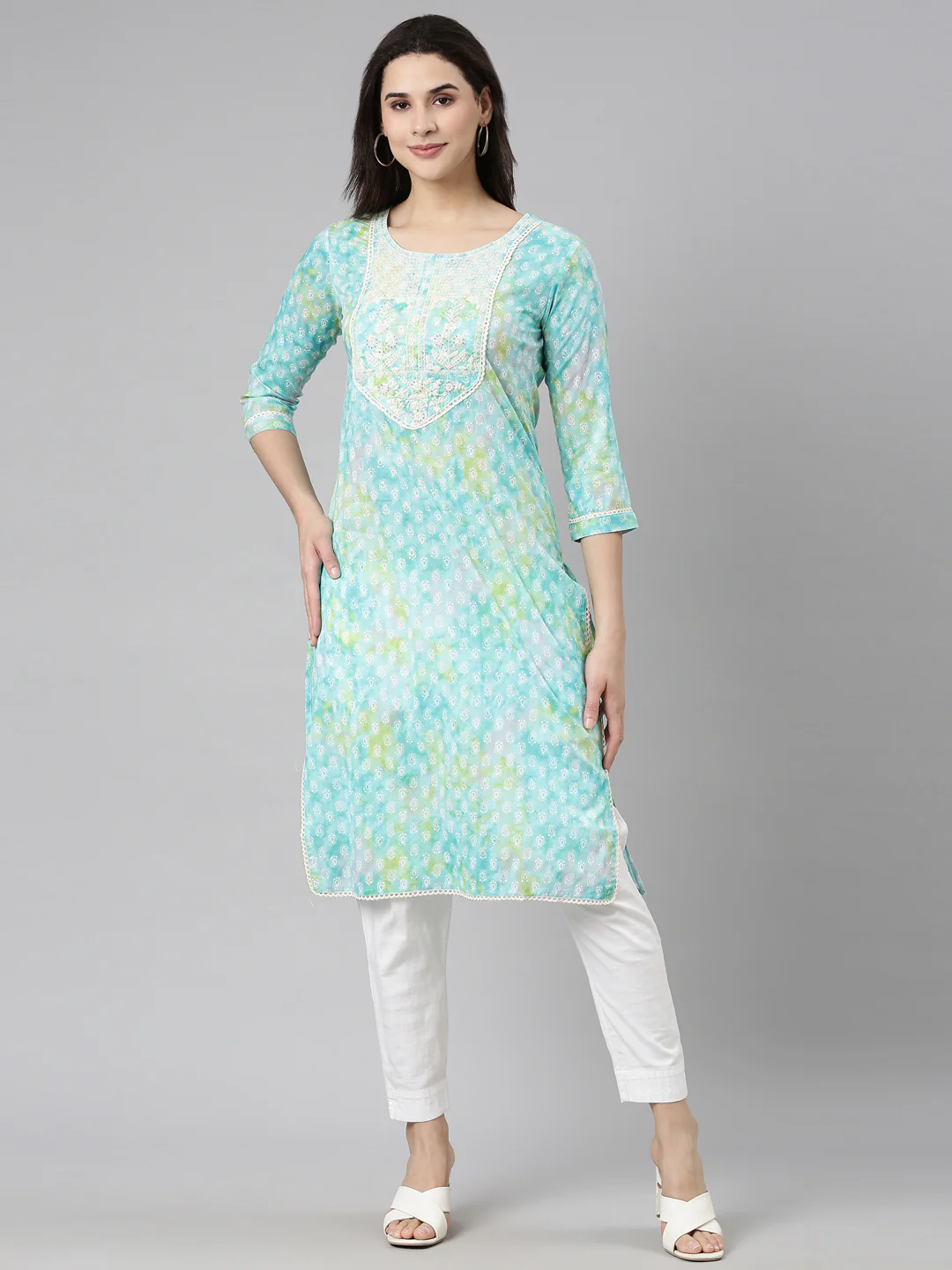 Neerus Turquoise Blue Regular Straight Paisley Kurta
