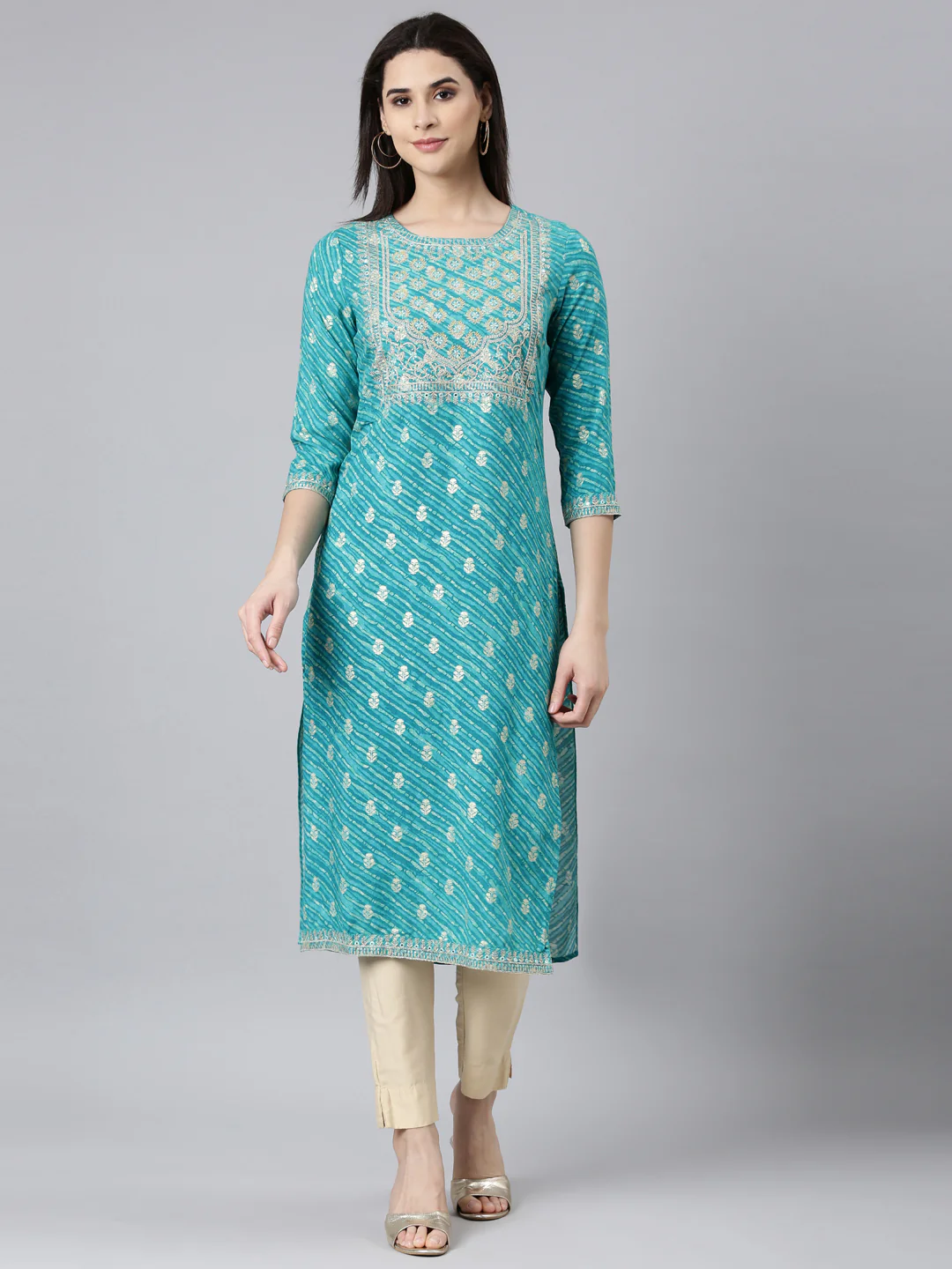 Neerus Turquoise Blue Regular Straight Striped Kurta