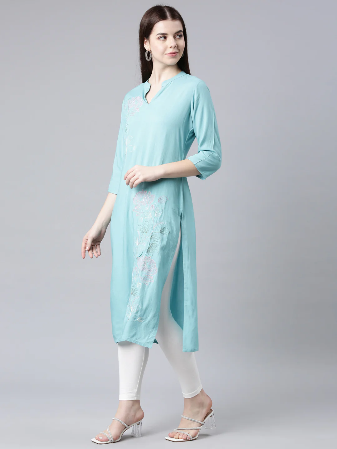 Neerus Turquoise Blue Straight Casual Floral Straight Kurta - Image 2