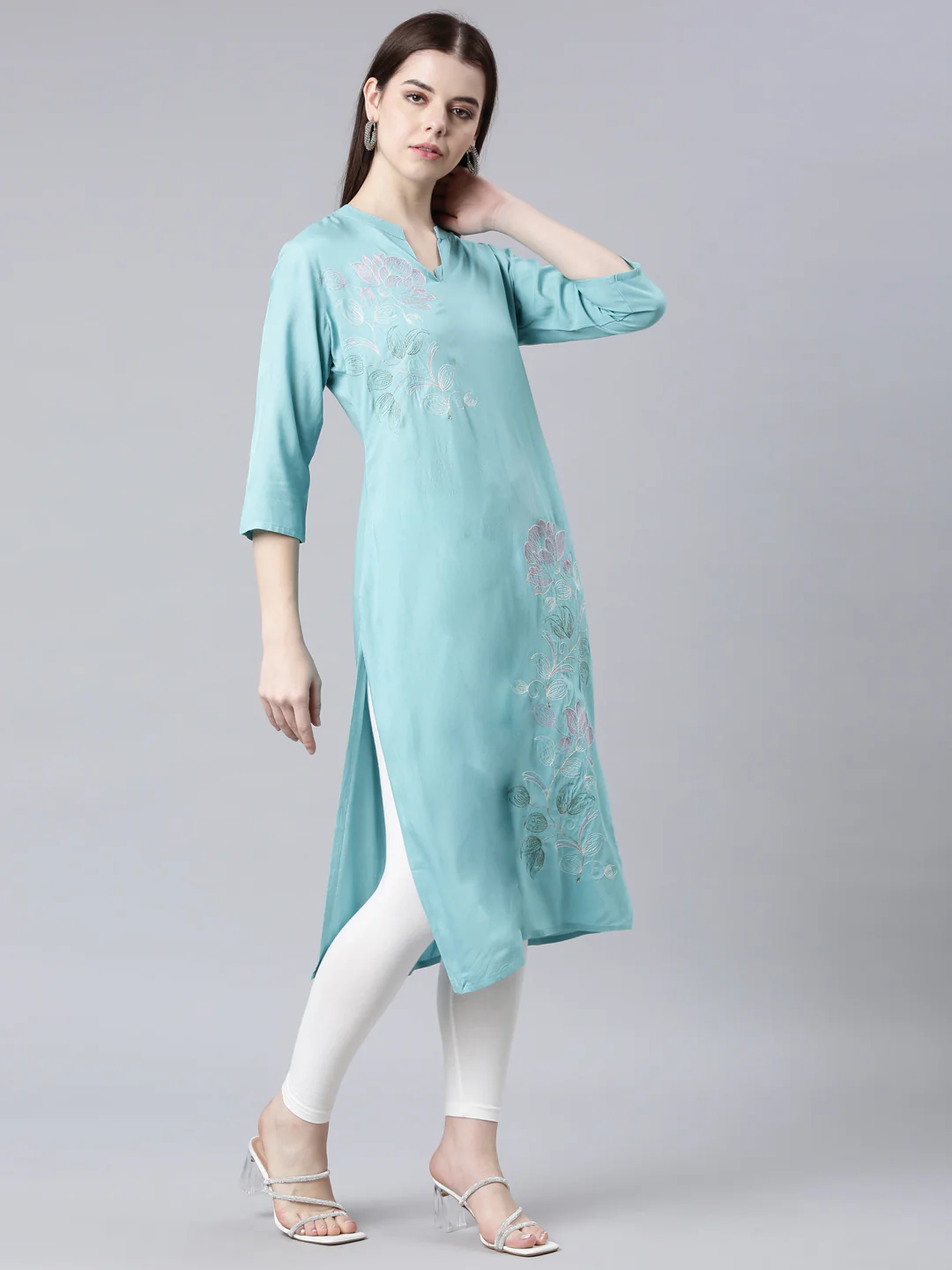 Neerus Turquoise Blue Straight Casual Floral Straight Kurta - Image 3