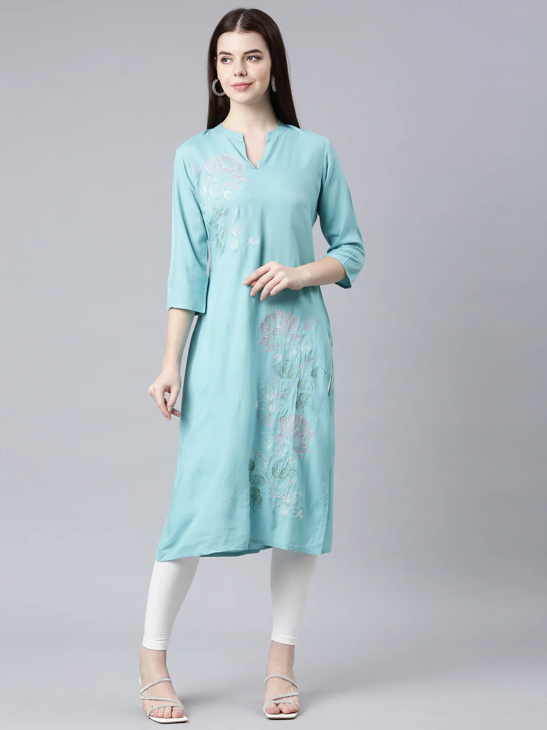 Neerus Turquoise Blue Straight Casual Floral Straight Kurta - Image 7