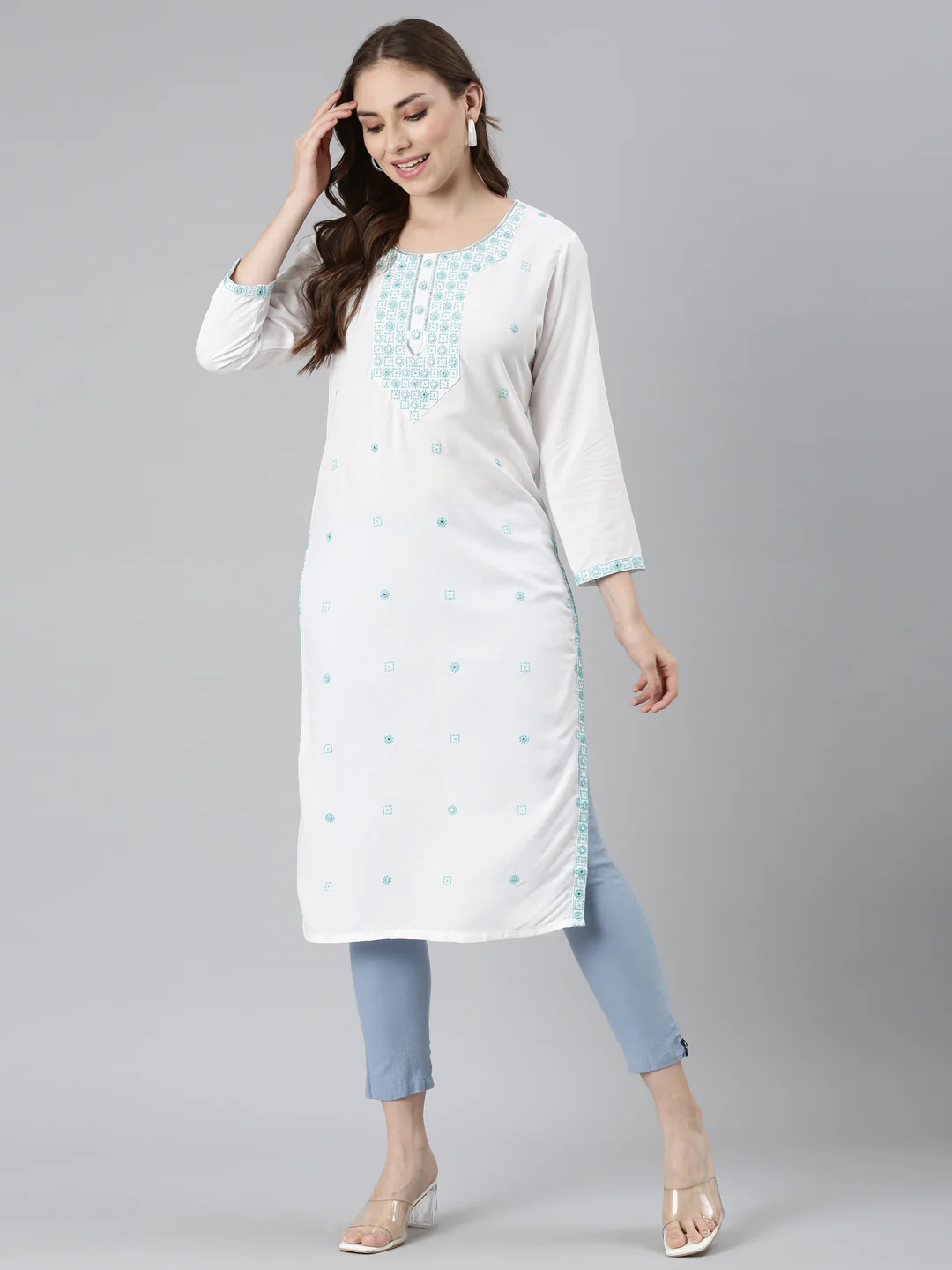 Neerus Turquoise Blue Straight Casual Solid Straight Kurta - Image 5