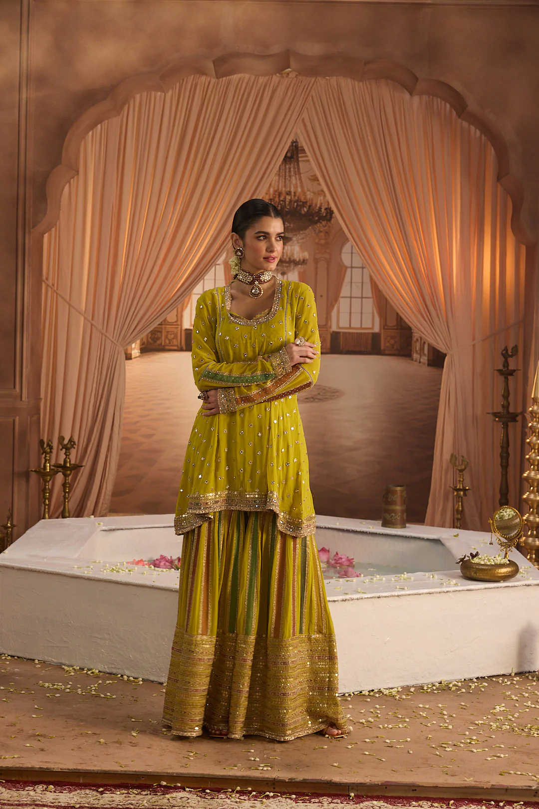 Neerus Variyali Green Embroidery Work Georgette Fabric Kurti and Gharara With Dupatta - Image 2