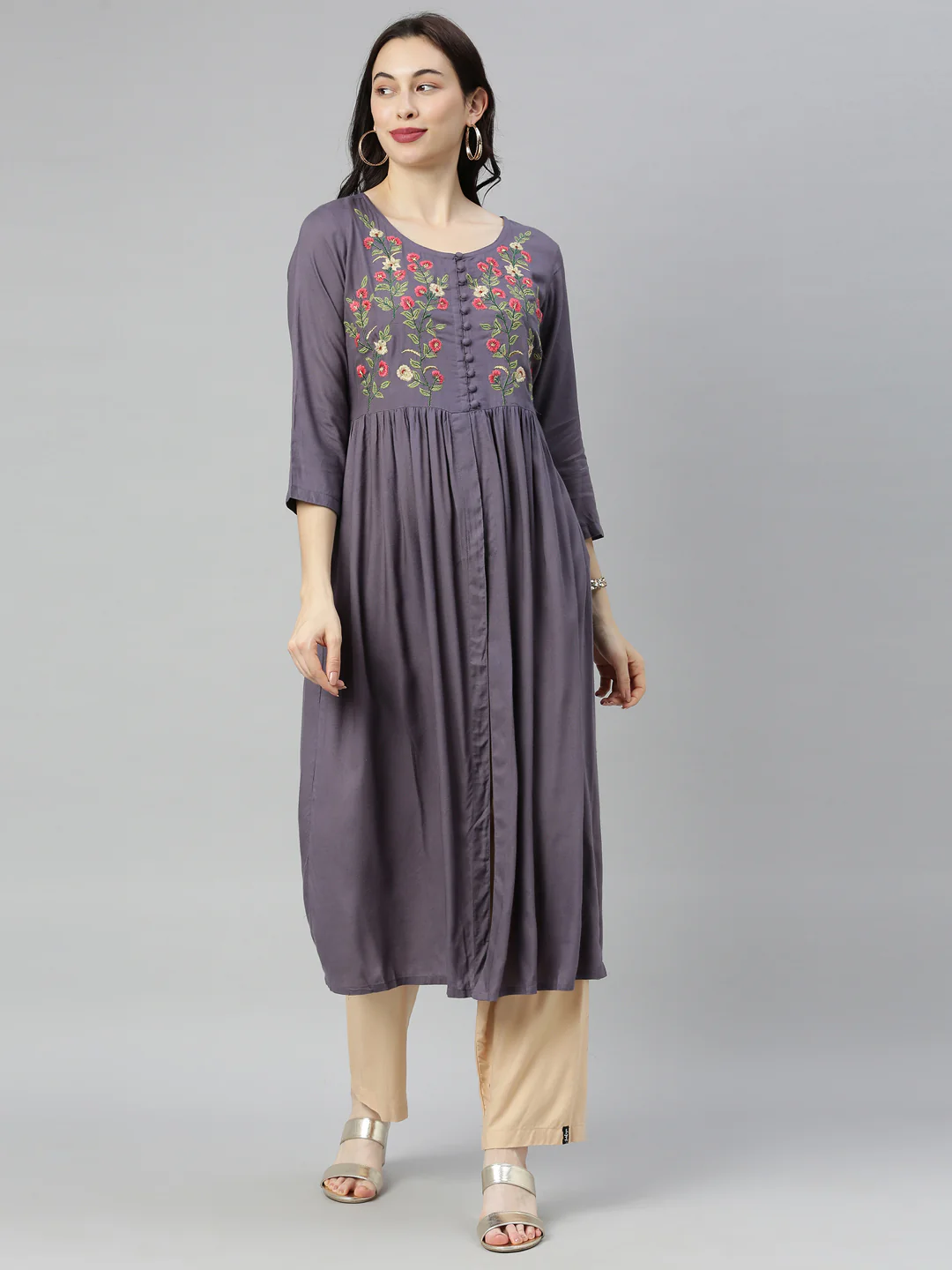 Neerus Violet Embroidered A Line Kurta