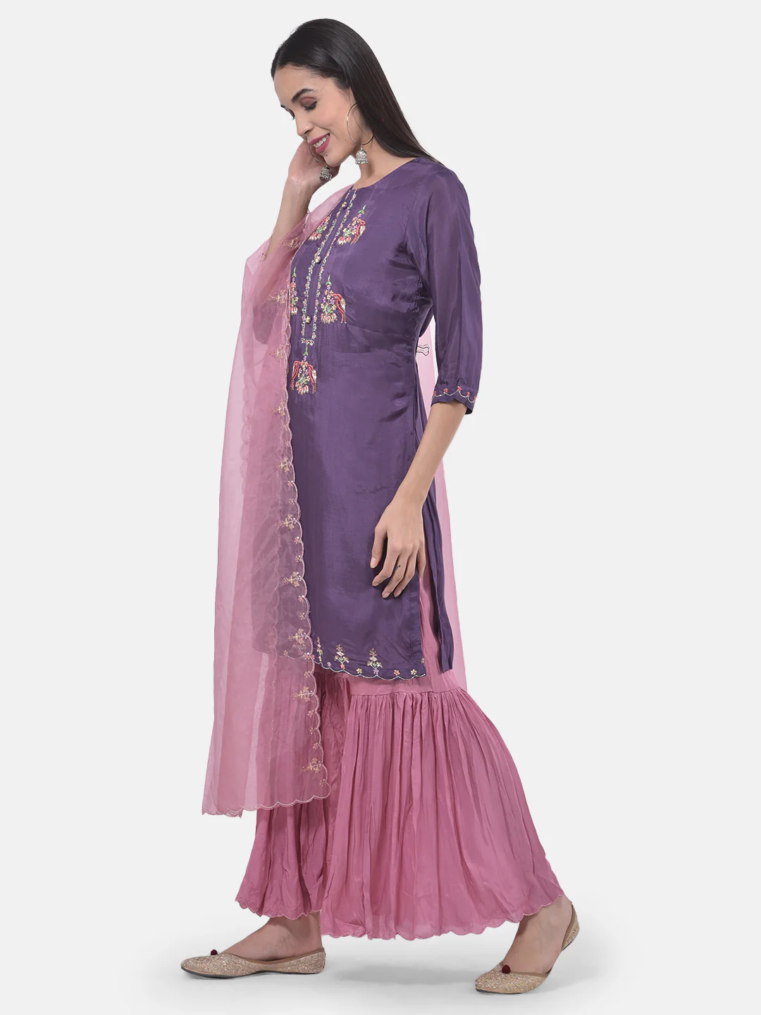 Neerus Violet & Pink Embroidered Kurta With Sharara & Dupatta - Image 2