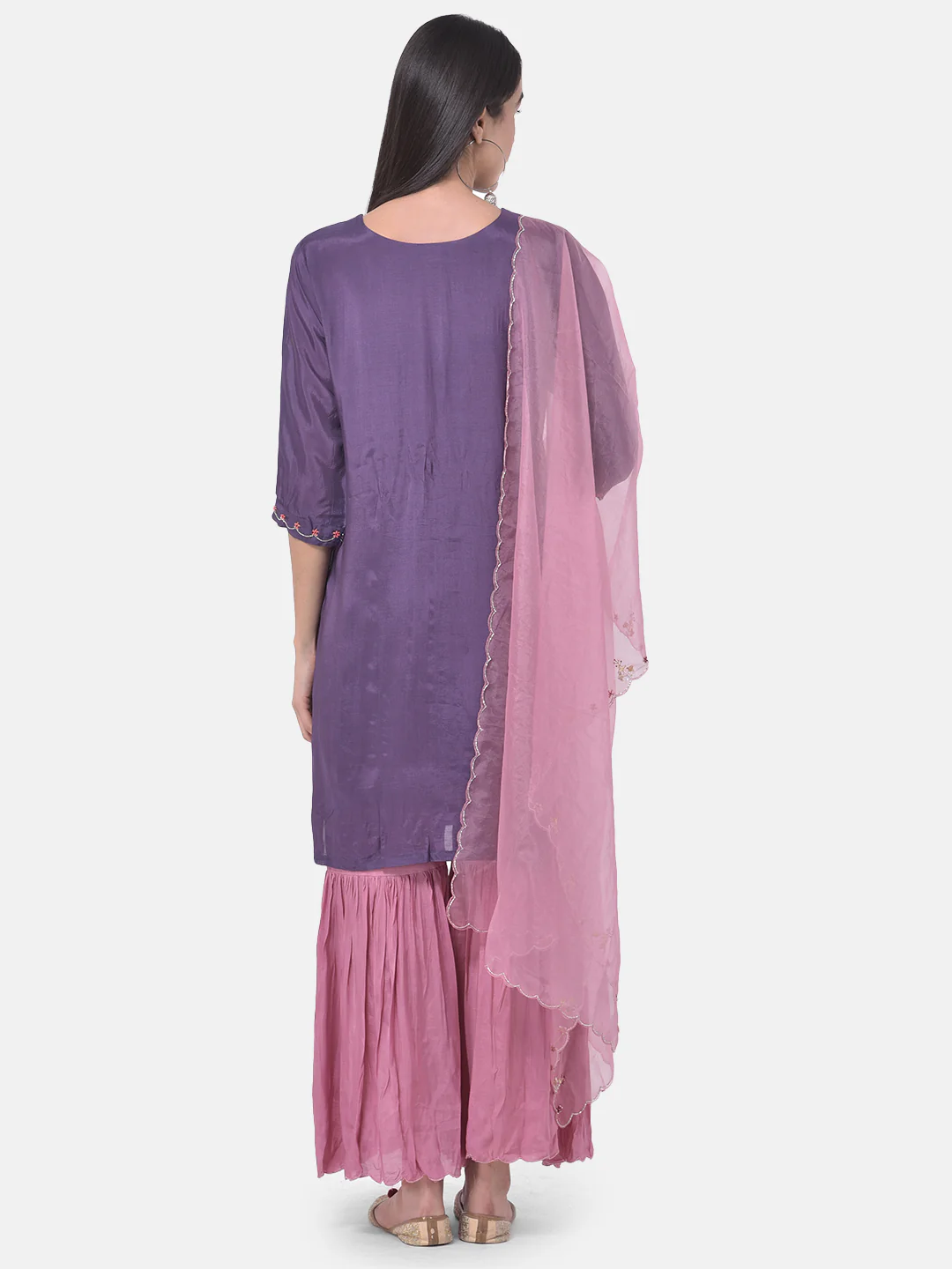 Neerus Violet & Pink Embroidered Kurta With Sharara & Dupatta - Image 3