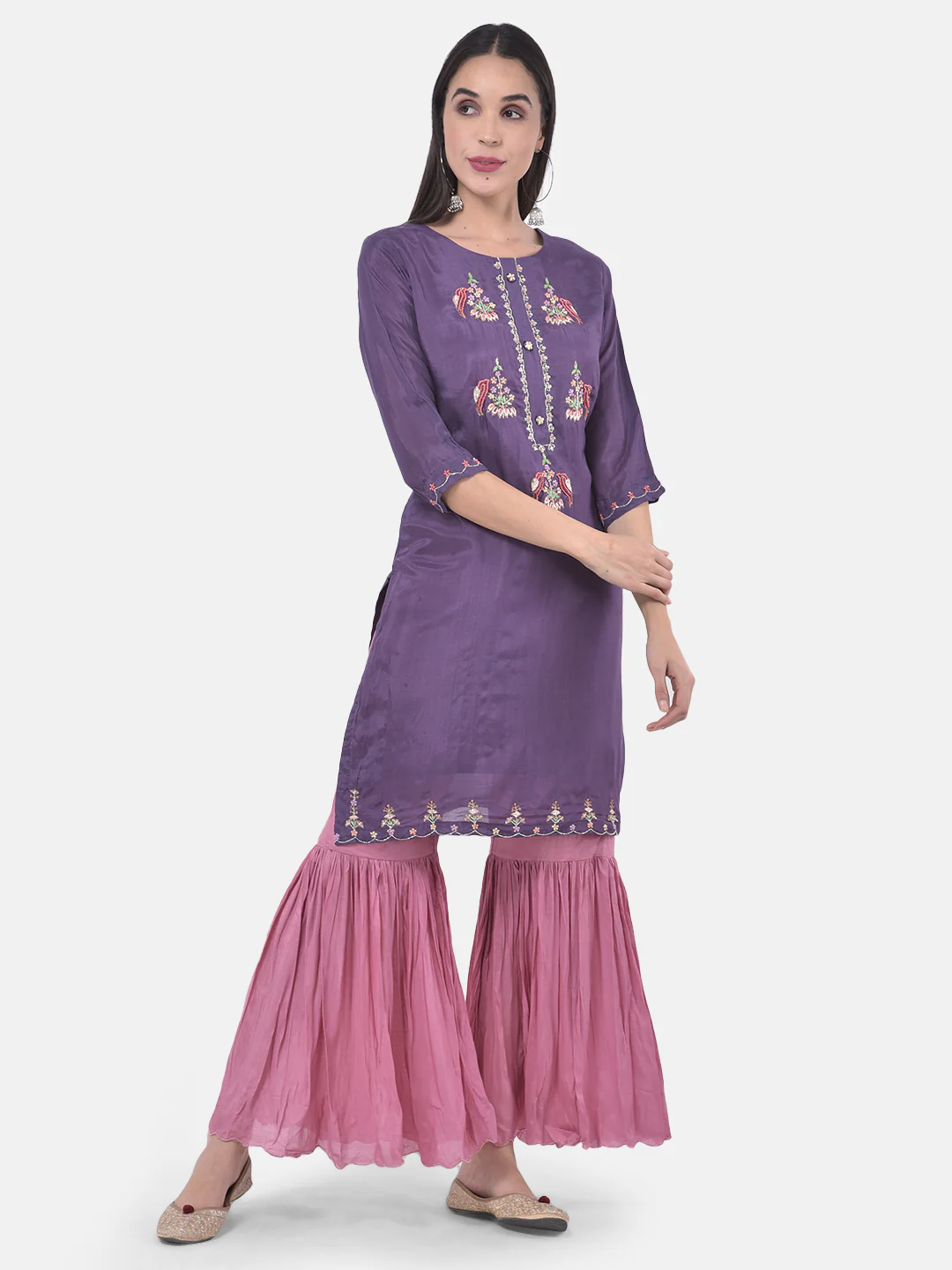 Neerus Violet & Pink Embroidered Kurta With Sharara & Dupatta - Image 6
