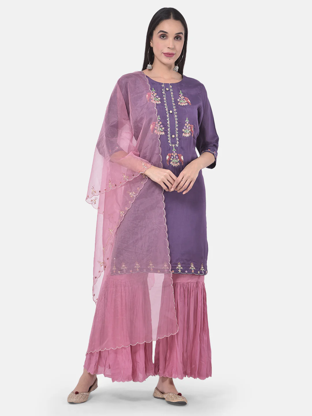 Neerus Violet & Pink Embroidered Kurta With Sharara & Dupatta - Image 7