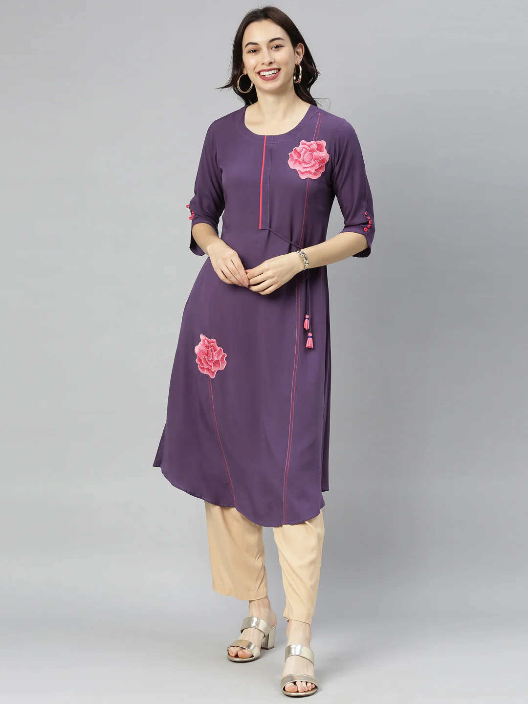 Neerus Violet Printed A Line Kurta