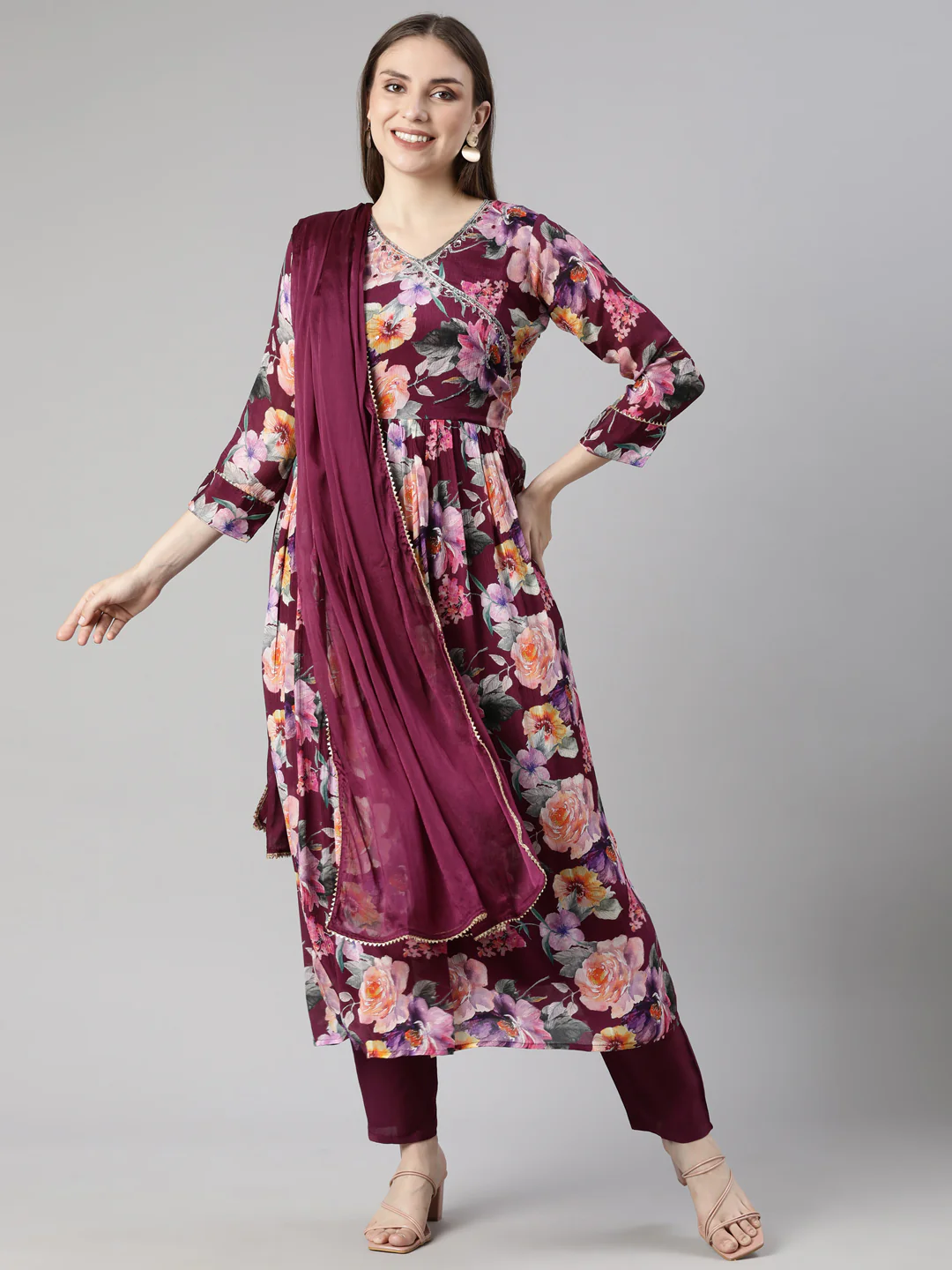 Neerus Violet Regular Straight Floral Kurta And Trousers With Dupatta