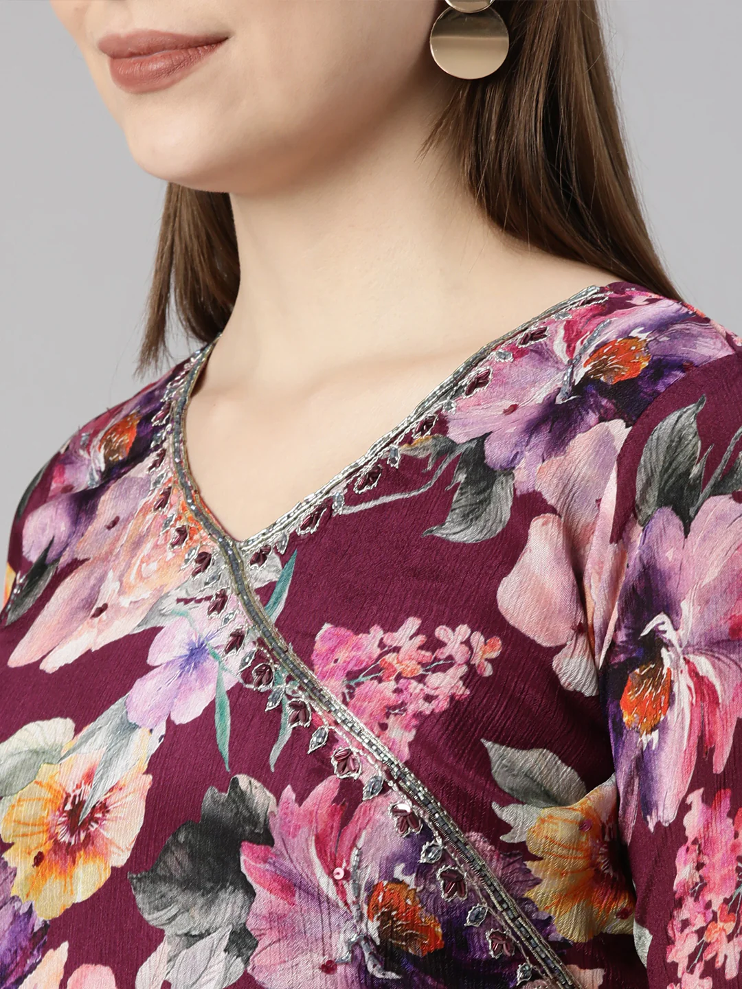 Neerus Violet Regular Straight Floral Kurta And Trousers With Dupatta - Image 7