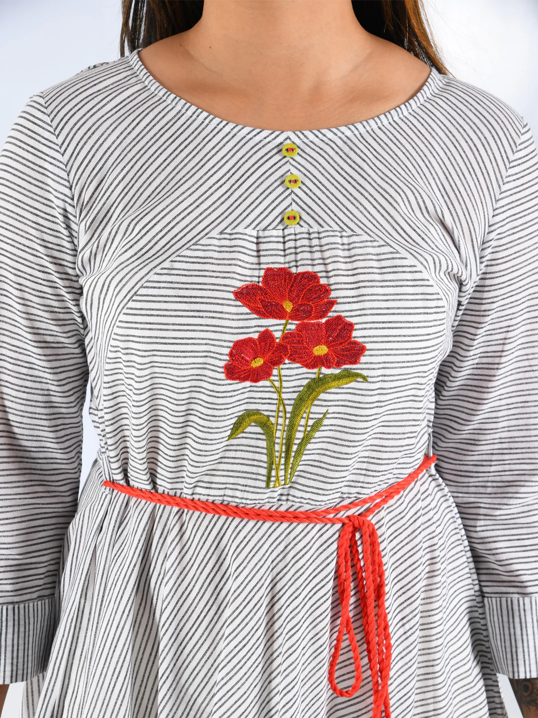 Neerus White & Black Striped Anarkali Kurta - Image 3