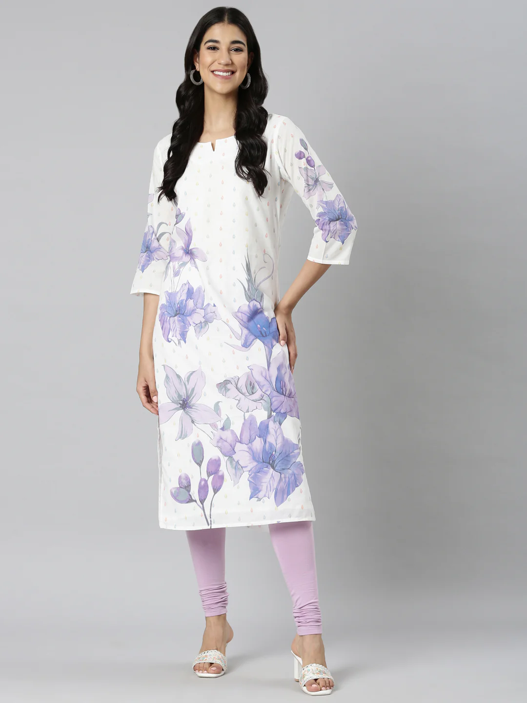 Neerus White Casual Floral Straight Kurta - Image 5