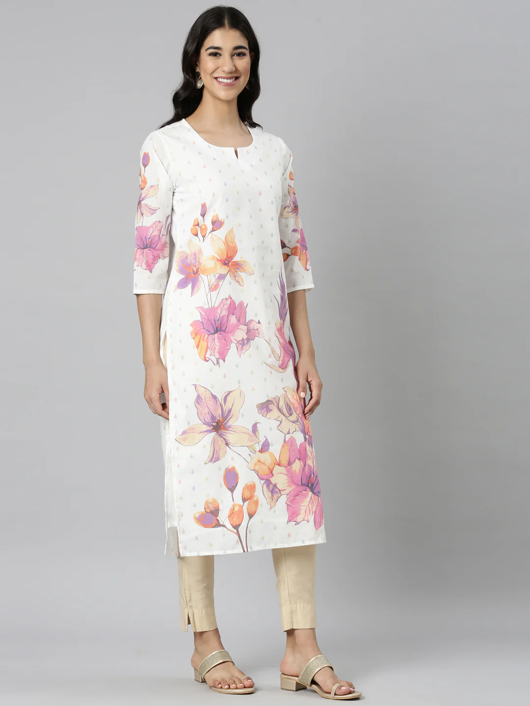 Neerus White Casual Floral Straight Kurta - Image 2