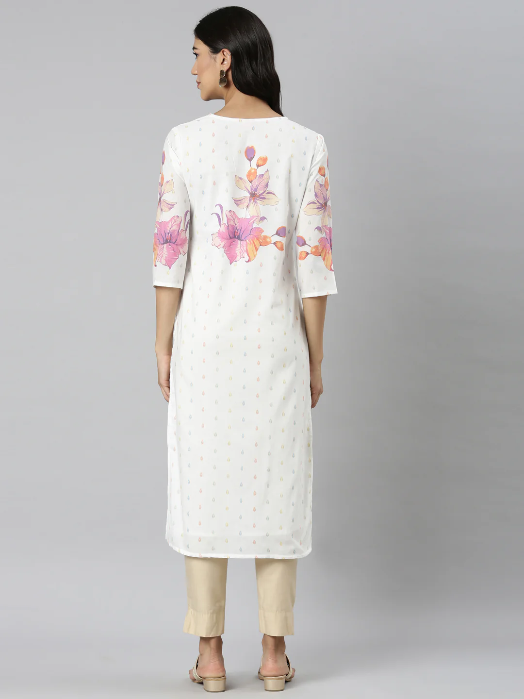 Neerus White Casual Floral Straight Kurta - Image 3