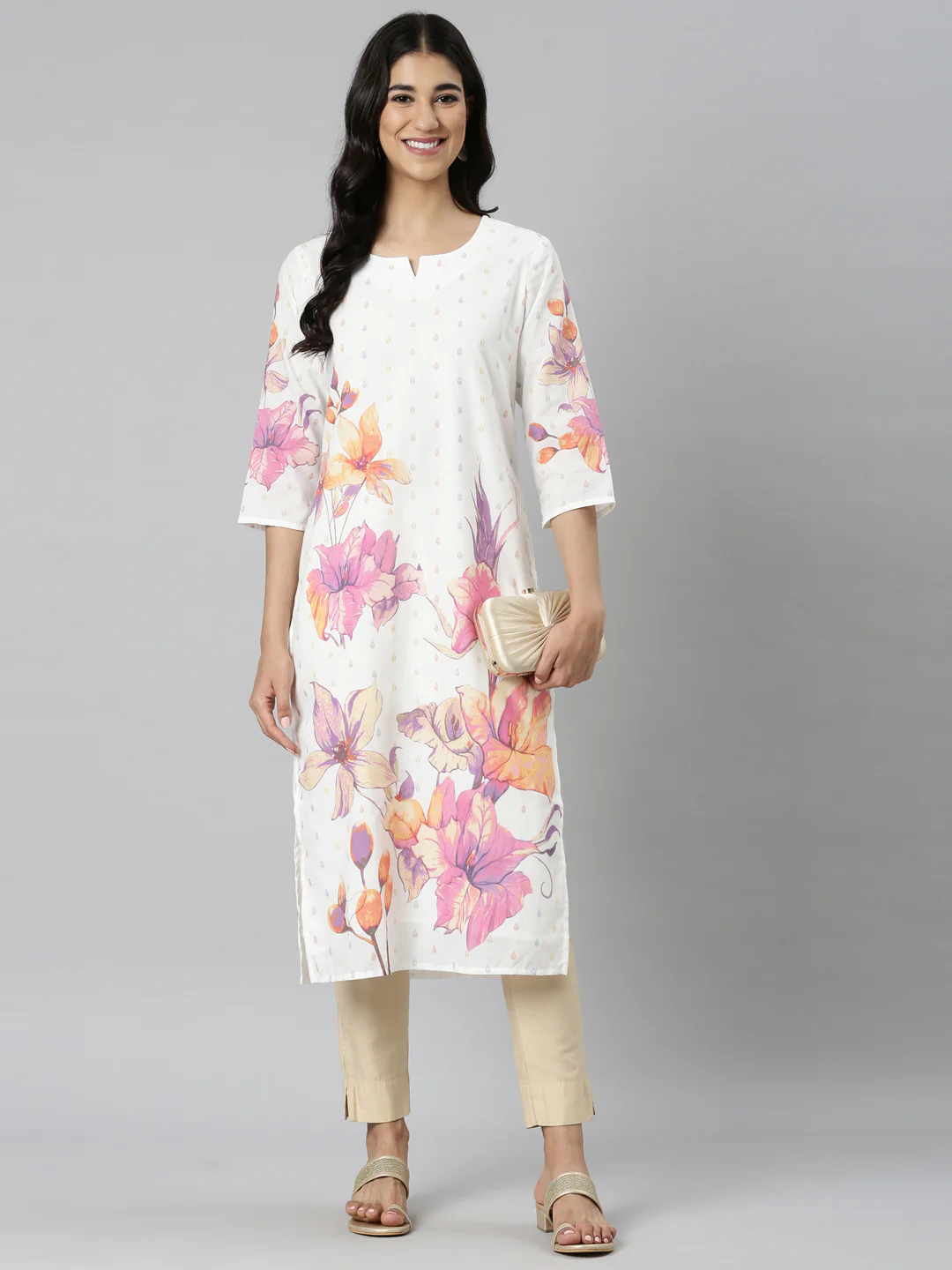 Neerus White Casual Floral Straight Kurta - Image 5