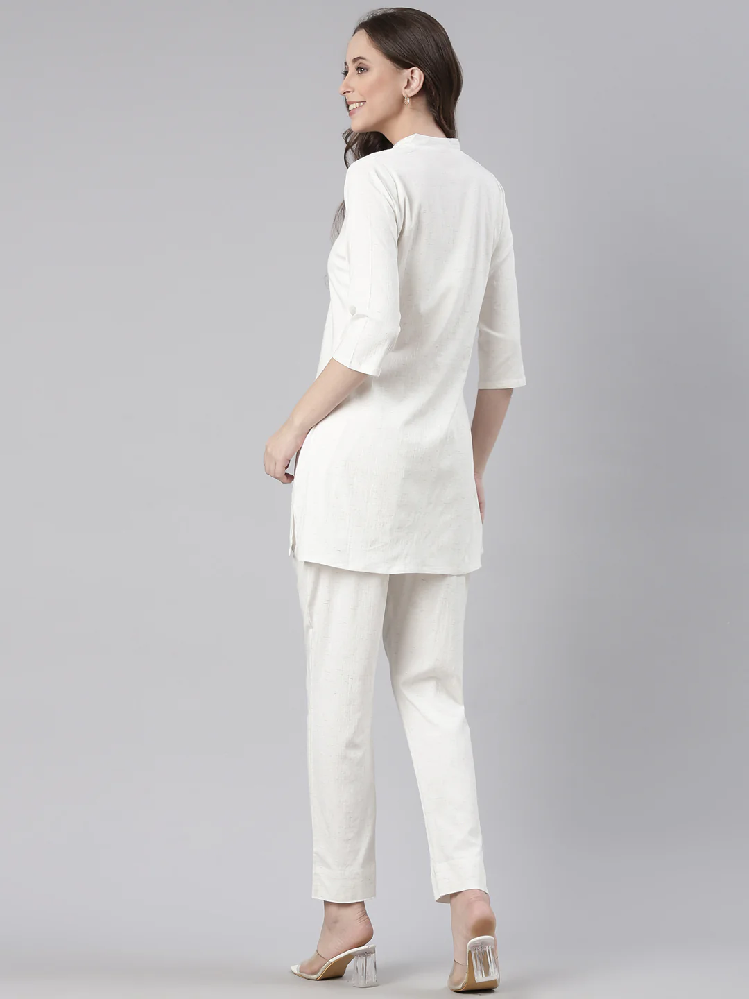 Neerus White Casual Solid Kurti with Trousers - Image 5