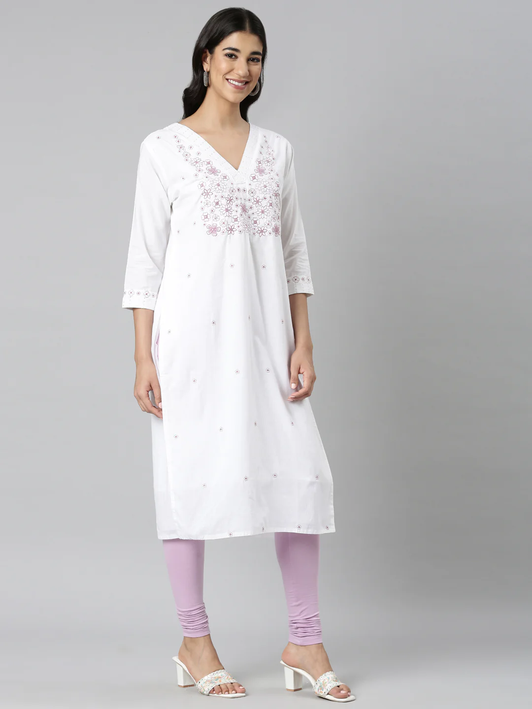 Neerus White Casual Solid Straight Kurta - Image 3