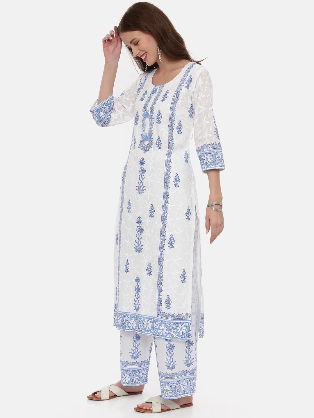 Neerus White Color Cotton Fabric Full Sleeves Suit-Straight - Image 5