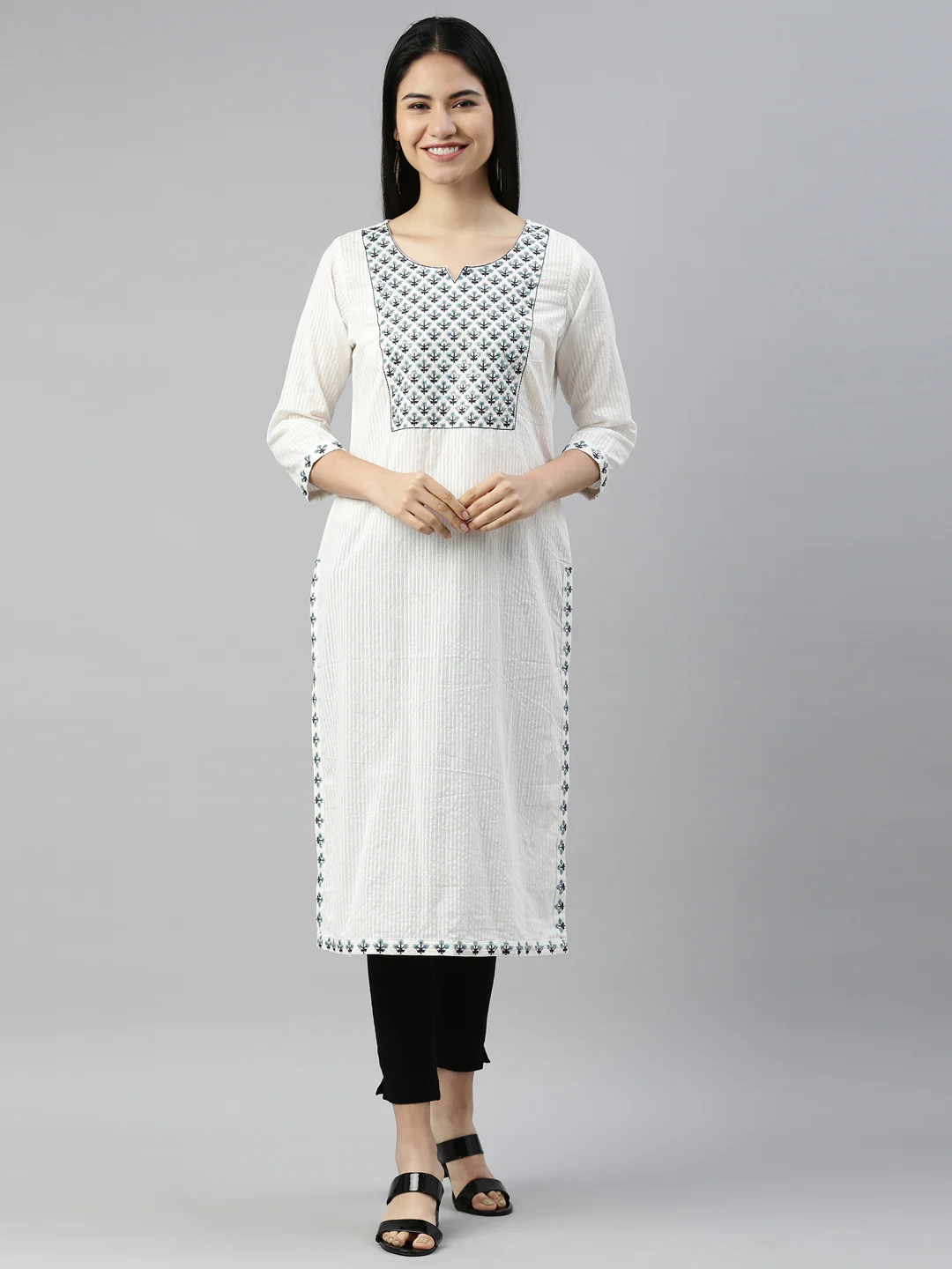 Neerus White Color Cotton Fabric Kurta