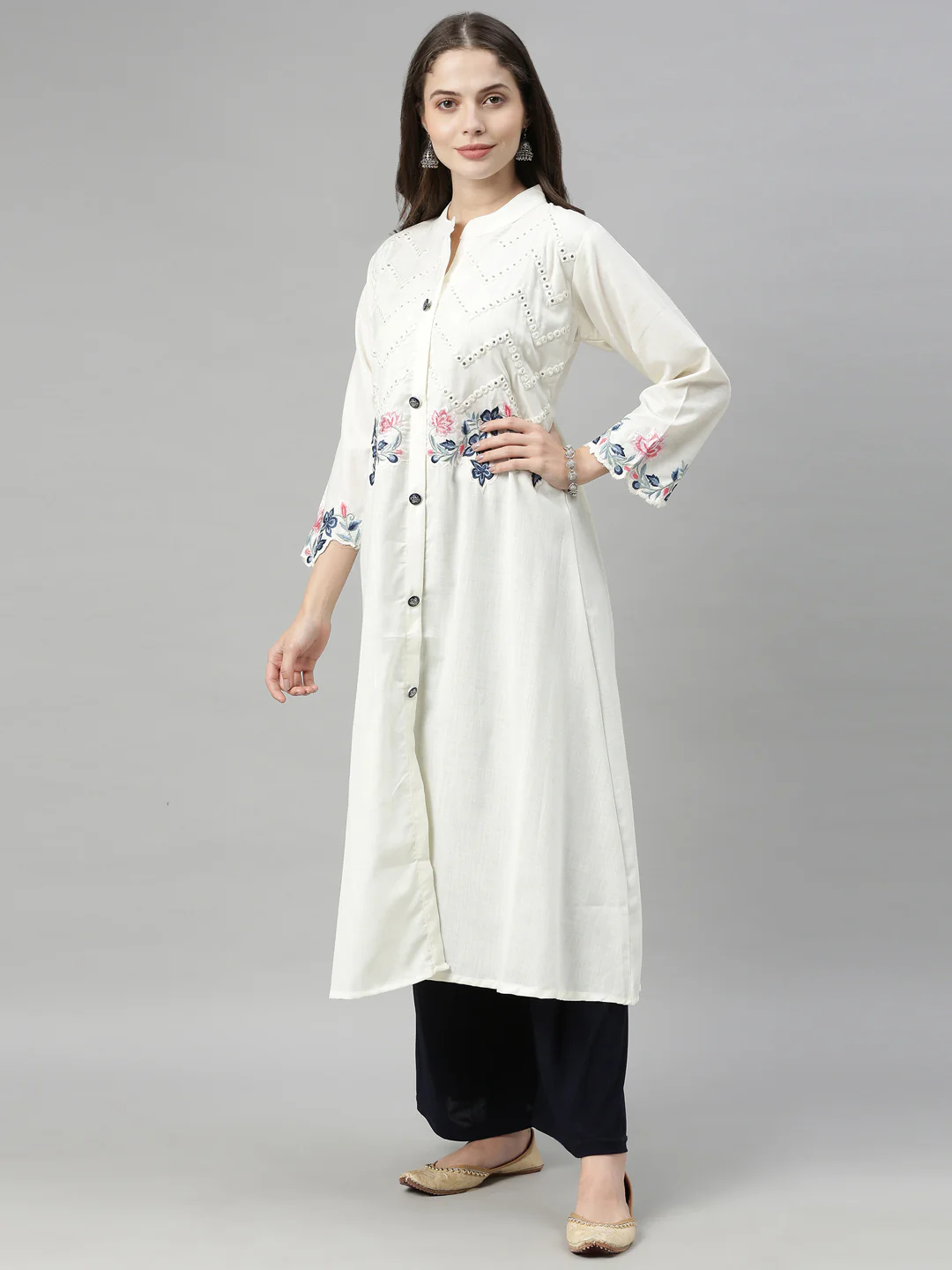 Neerus White Embroidered A Line Kurta - Image 2