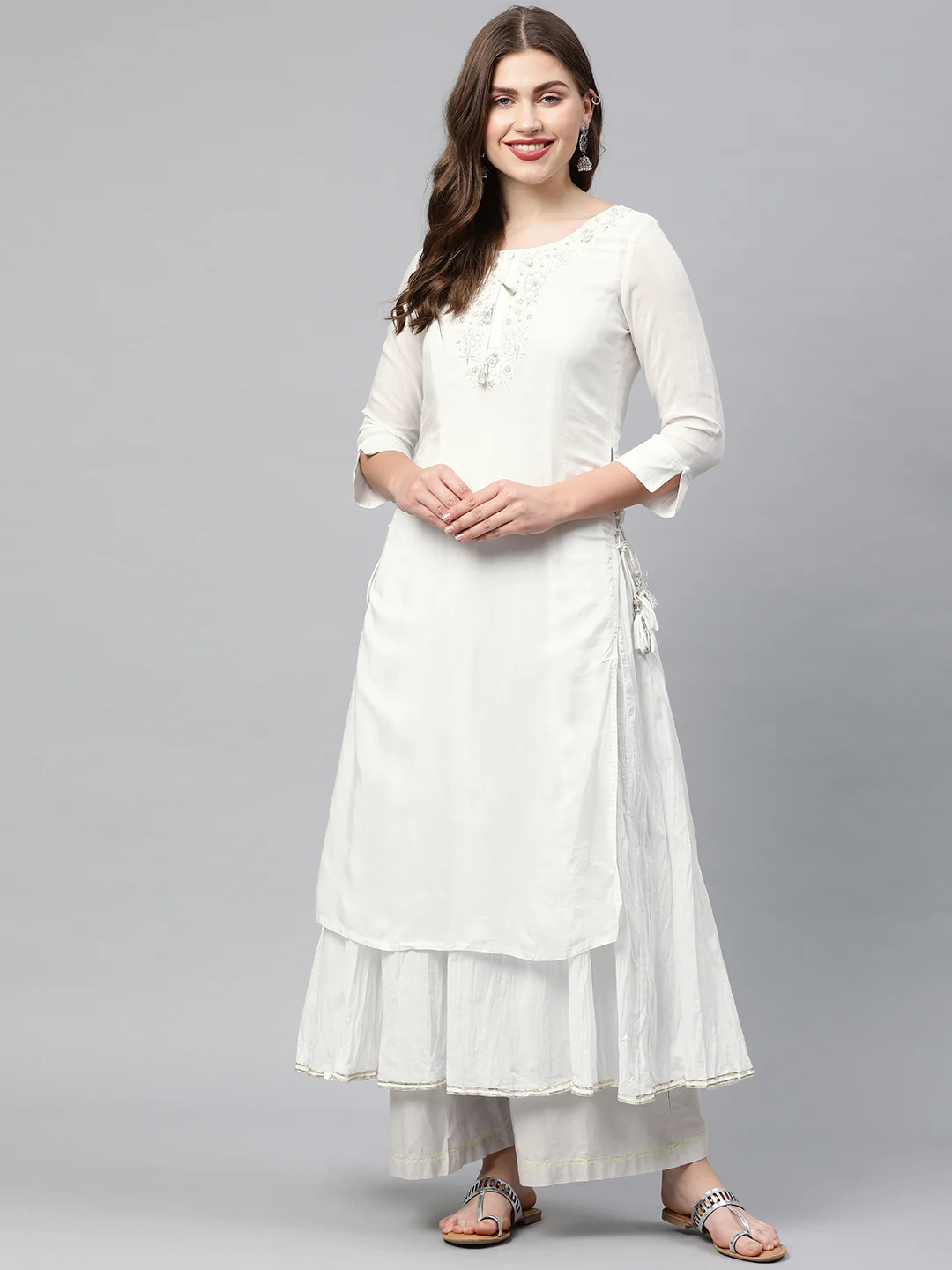Neerus White Embroidered Double Layered Kurta