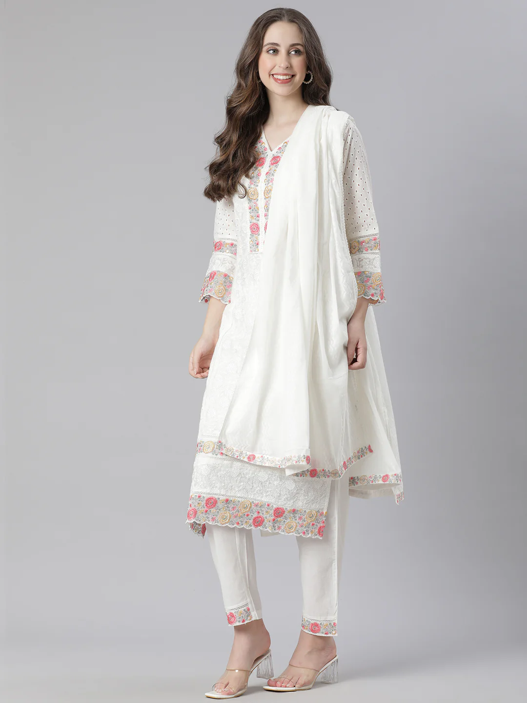 Neerus white Embroidered Straight Kurta and Trousers With Dupatta - Image 5