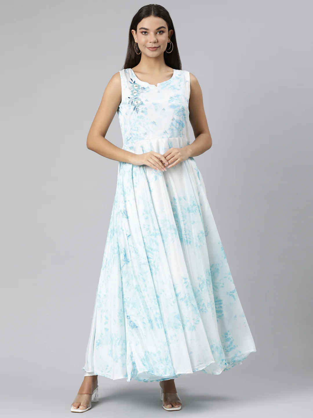 Neerus White Flared Casual Floral Dresses