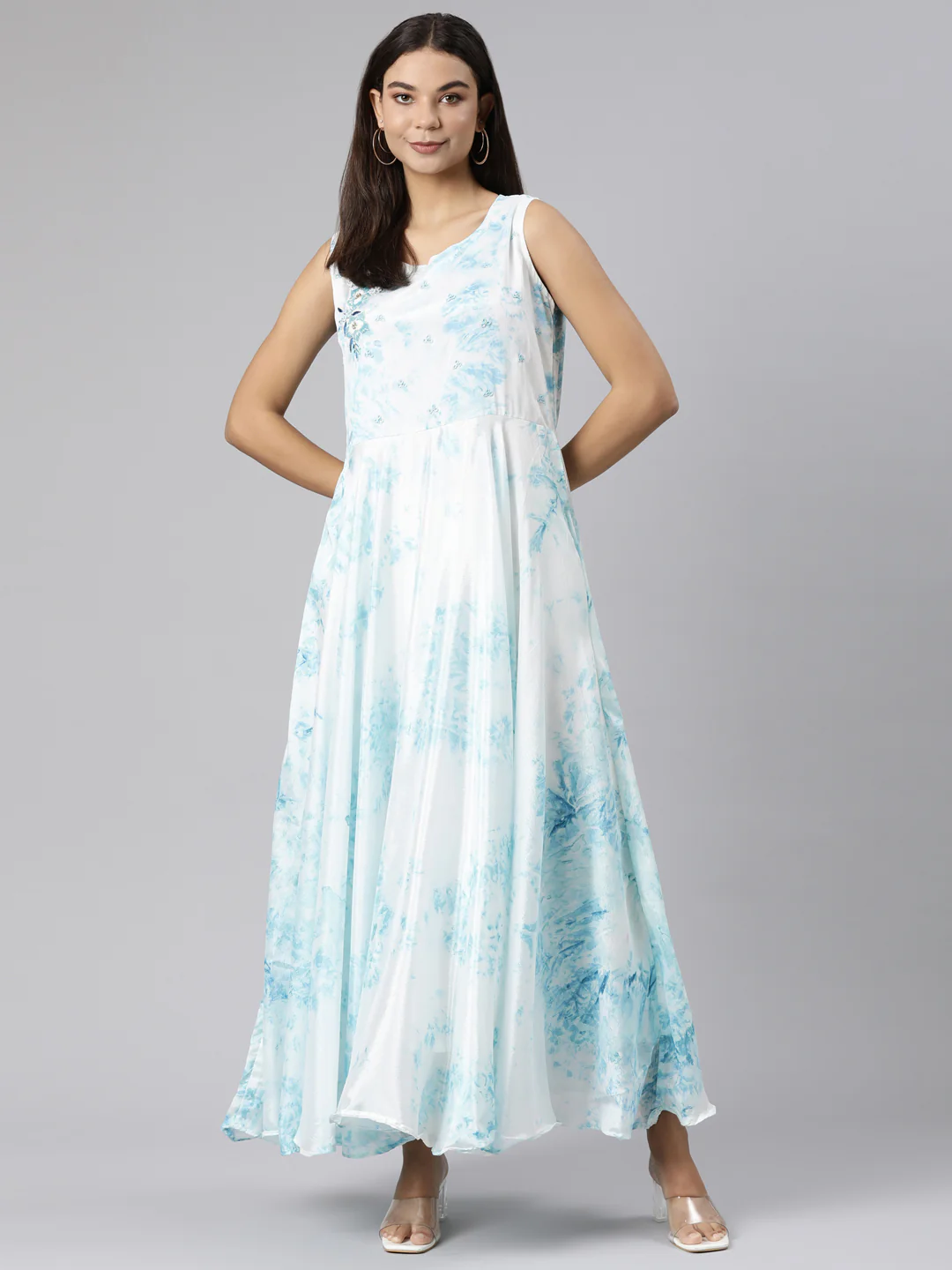 Neerus White Flared Casual Floral Dresses - Image 5