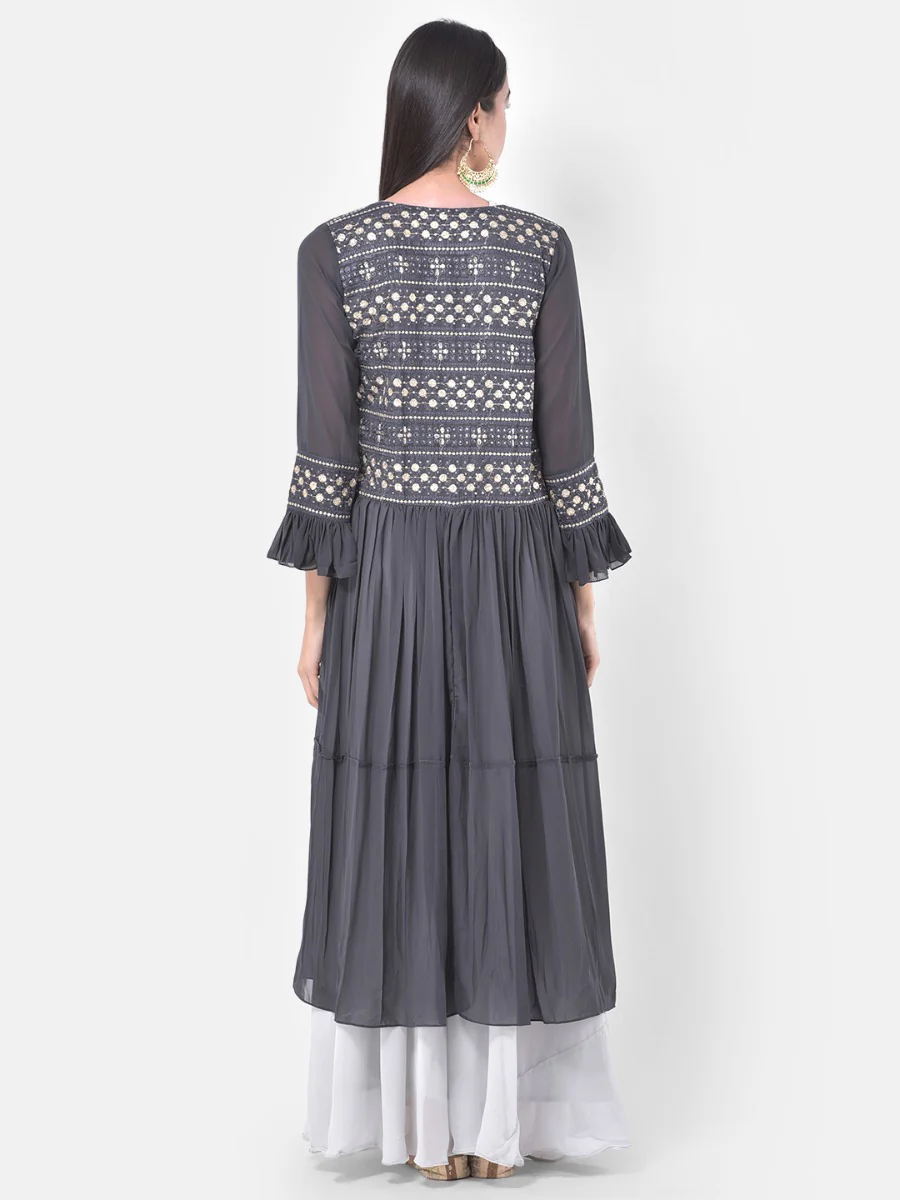 Neerus White & Grey Embroidered Top & Skirt Set With Shrug - Image 2