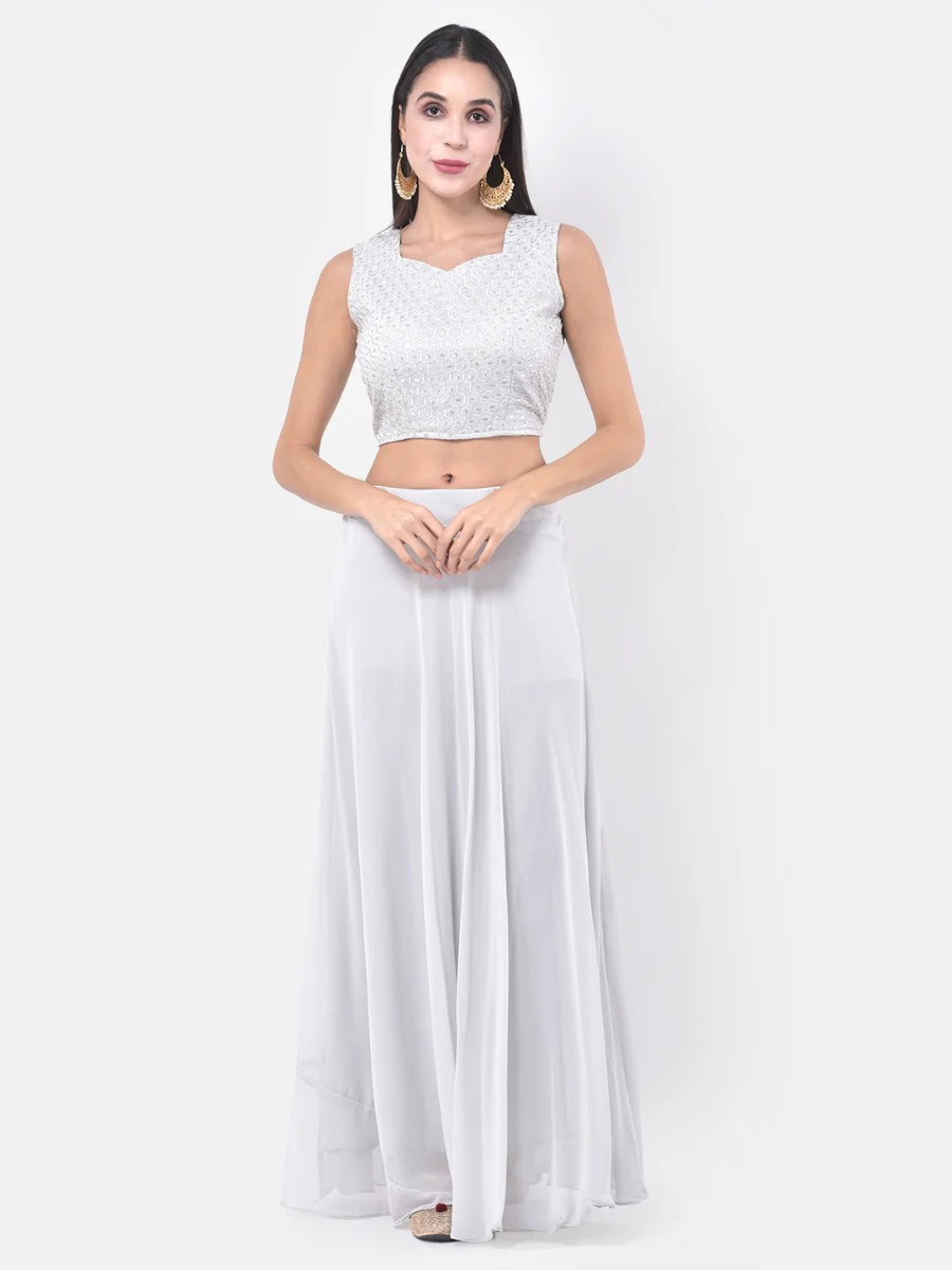 Neerus White & Grey Embroidered Top & Skirt Set With Shrug - Image 3