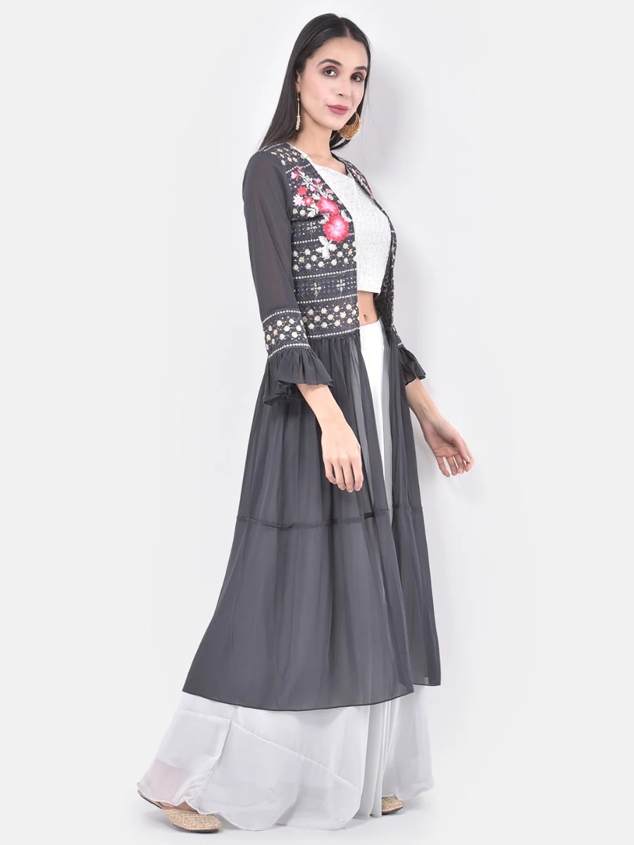 Neerus White & Grey Embroidered Top & Skirt Set With Shrug - Image 5