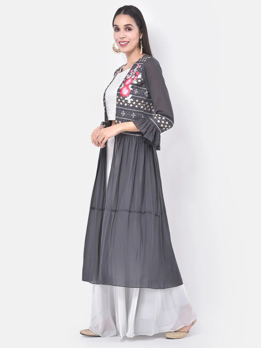 Neerus White & Grey Embroidered Top & Skirt Set With Shrug - Image 6