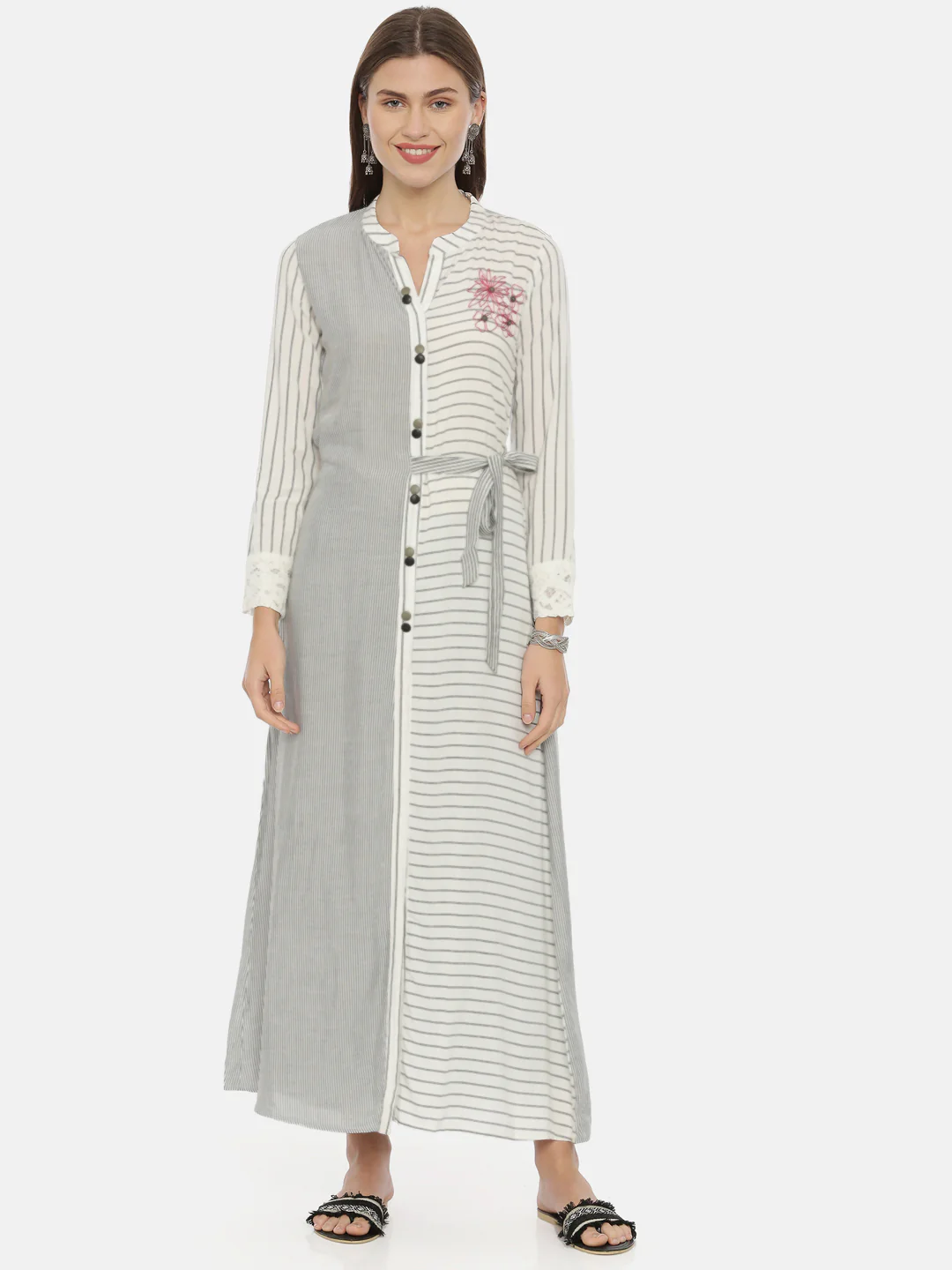 Neerus White & Grey Striped A Line Kurta