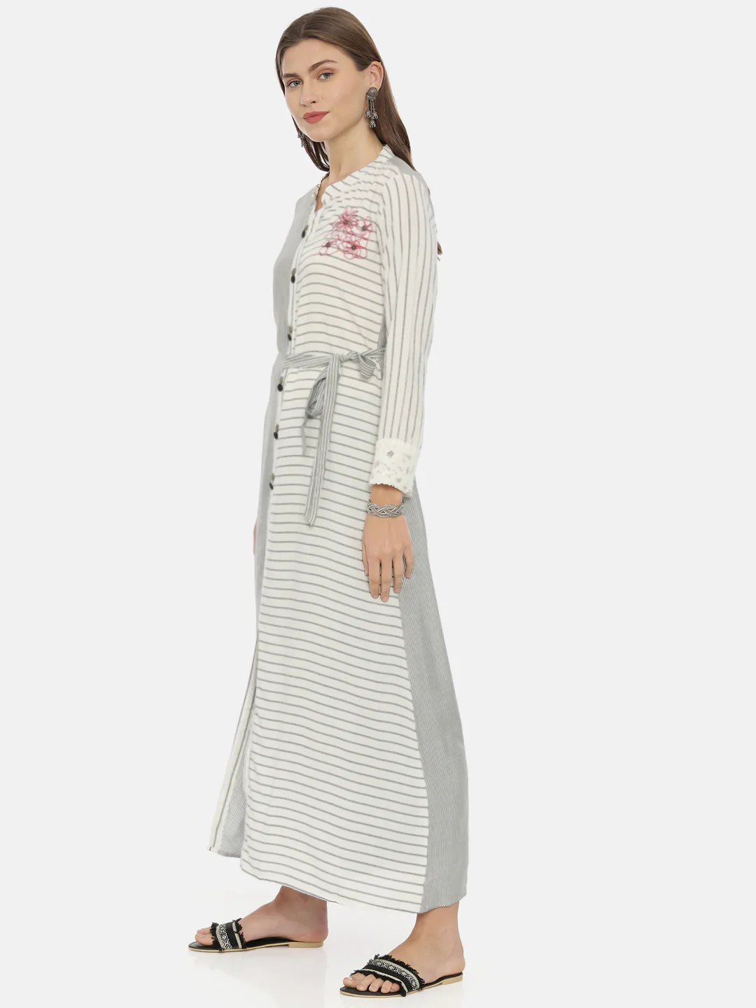 Neerus White & Grey Striped A Line Kurta - Image 3