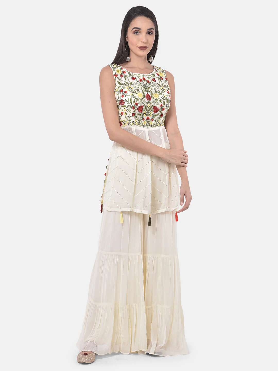 Neerus White & Maroon Embroidered Kurta With Sharara & Dupatta - Image 6