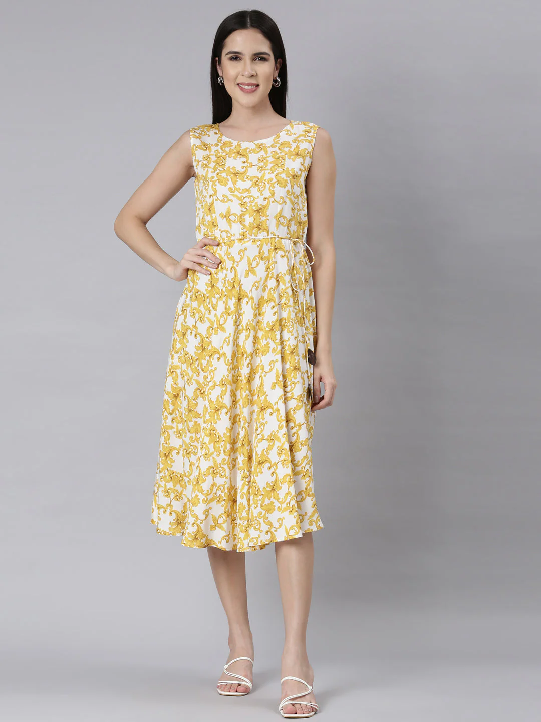 Neerus White Panelled Anarkali Floral Kurta
