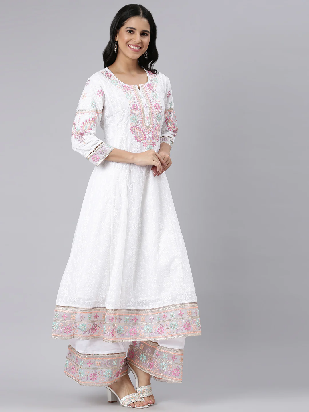 Neerus white Panelled Curved Solid Kurta and Trousers With Dupatta - Image 2